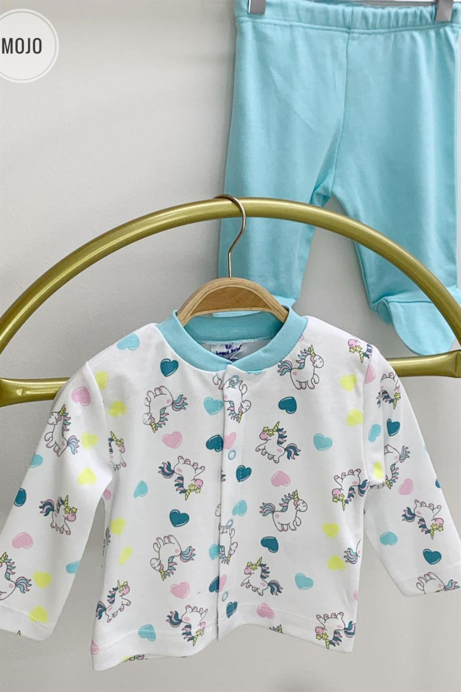 Mojo Kız Bebek Unicorn Çıtçıtlı Patikli Yenidoğan Takımı 6657 Beyaz-Mavi