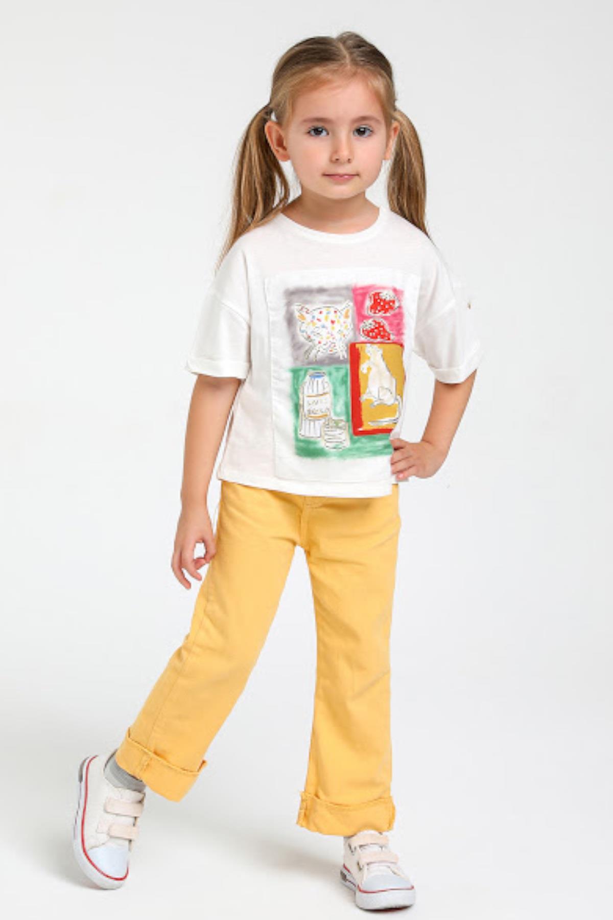 Mojo Kız Çocuk 1- 5 Yaş Hologram Desenli T-shirt 35452 Ekru