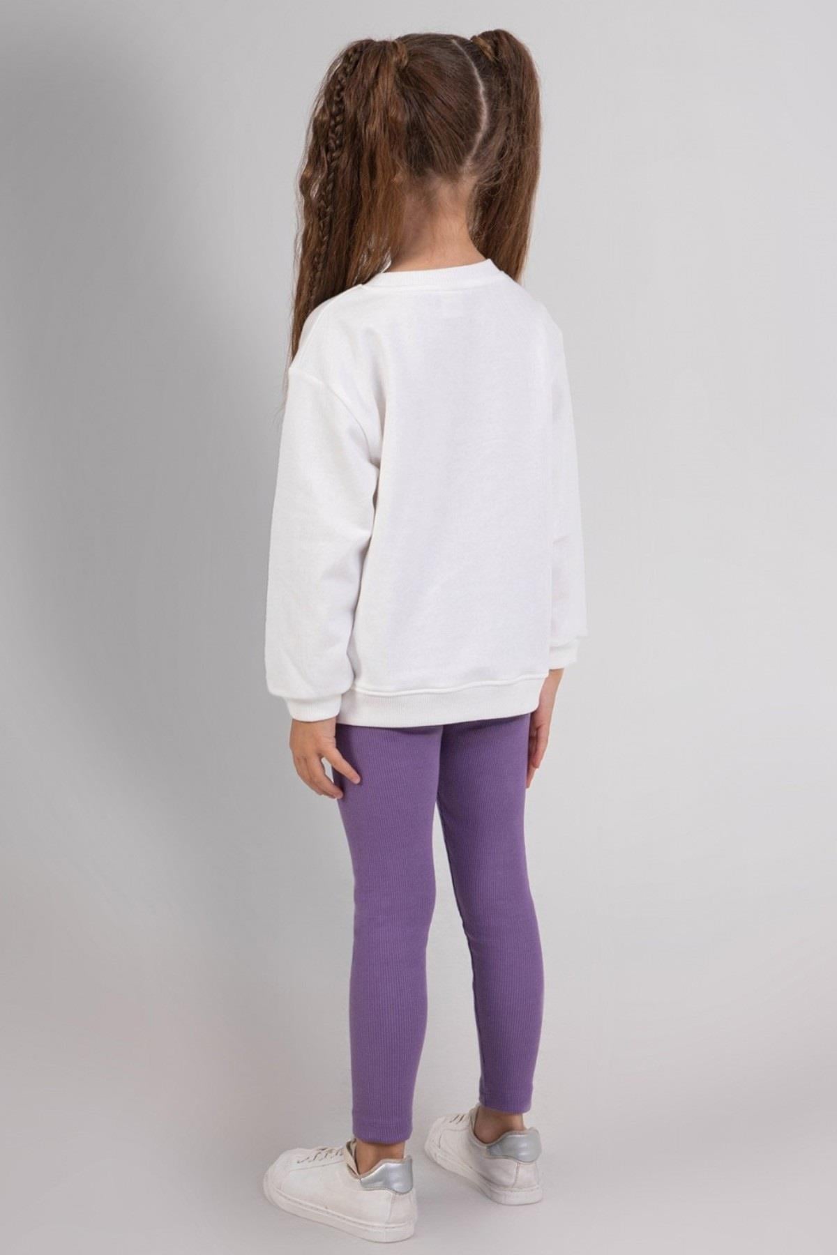 Mojo Kız Çocuk 3-7 Yaş Nakışlı Sweatshirt-Taytlı Takım Mor