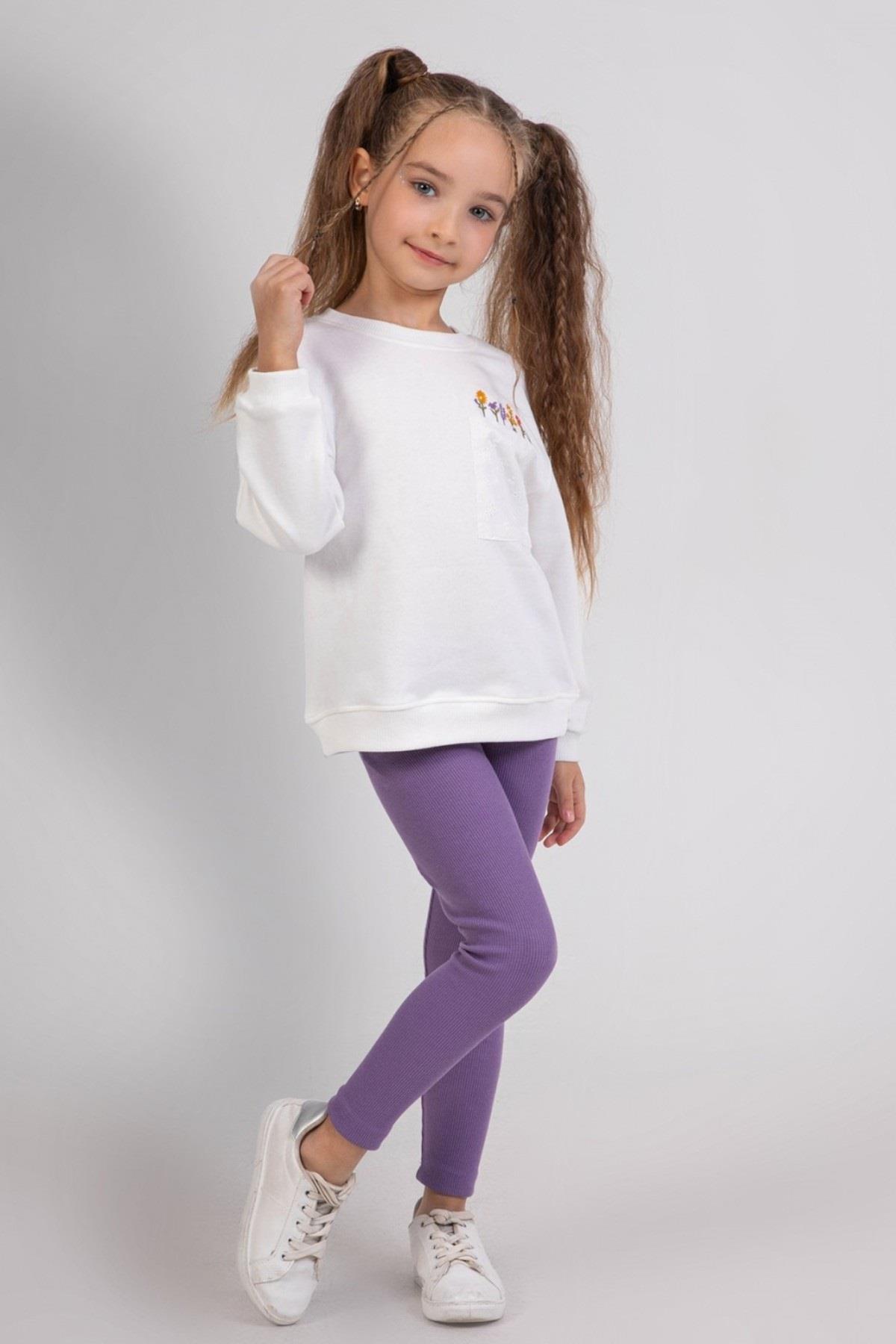 Mojo Kız Çocuk 3-7 Yaş Nakışlı Sweatshirt-Taytlı Takım Mor