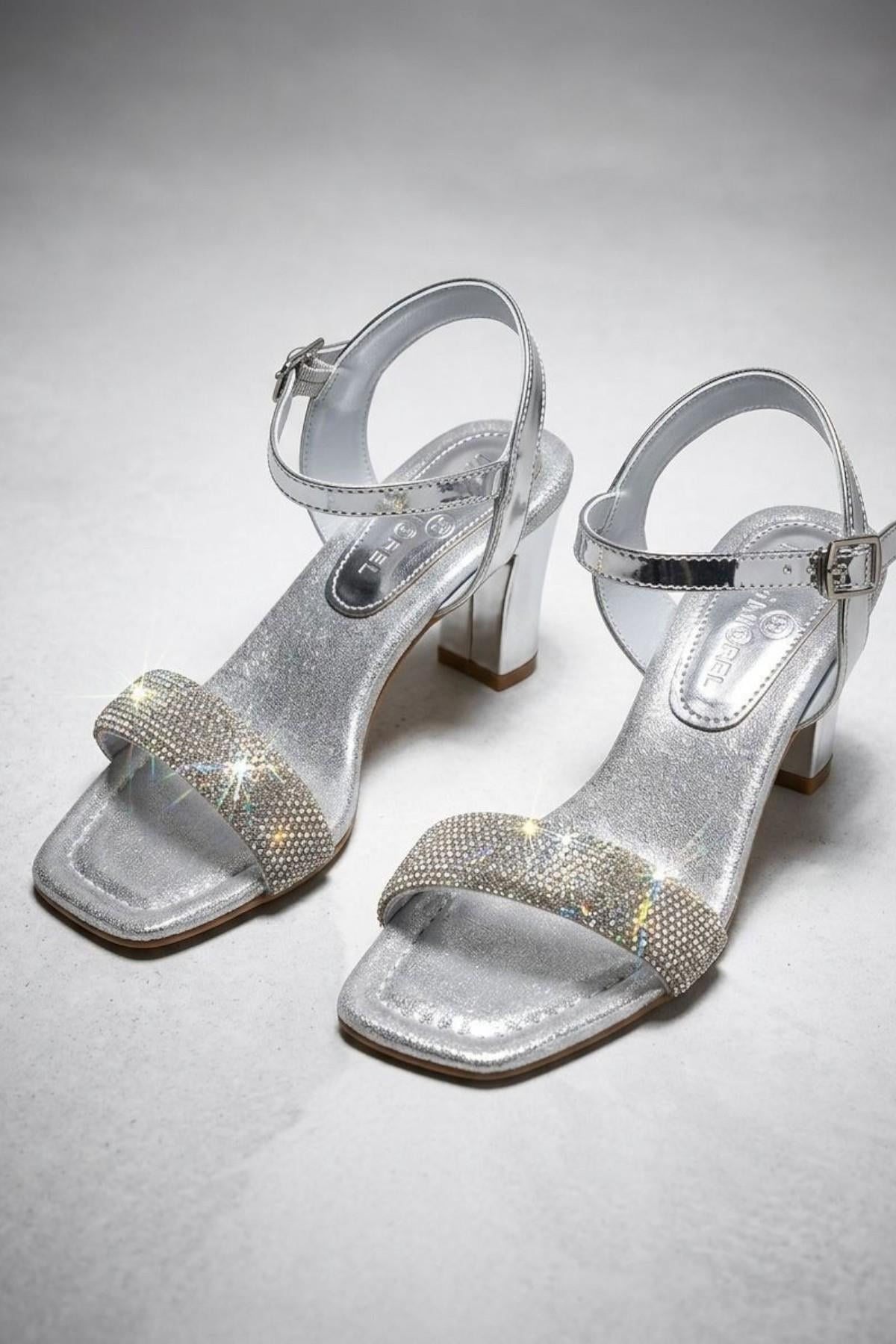 Mojo Kız Çocuk 31-36 Numara Tek Bant Taşlı Topuklu Ayakkabı Gümüş