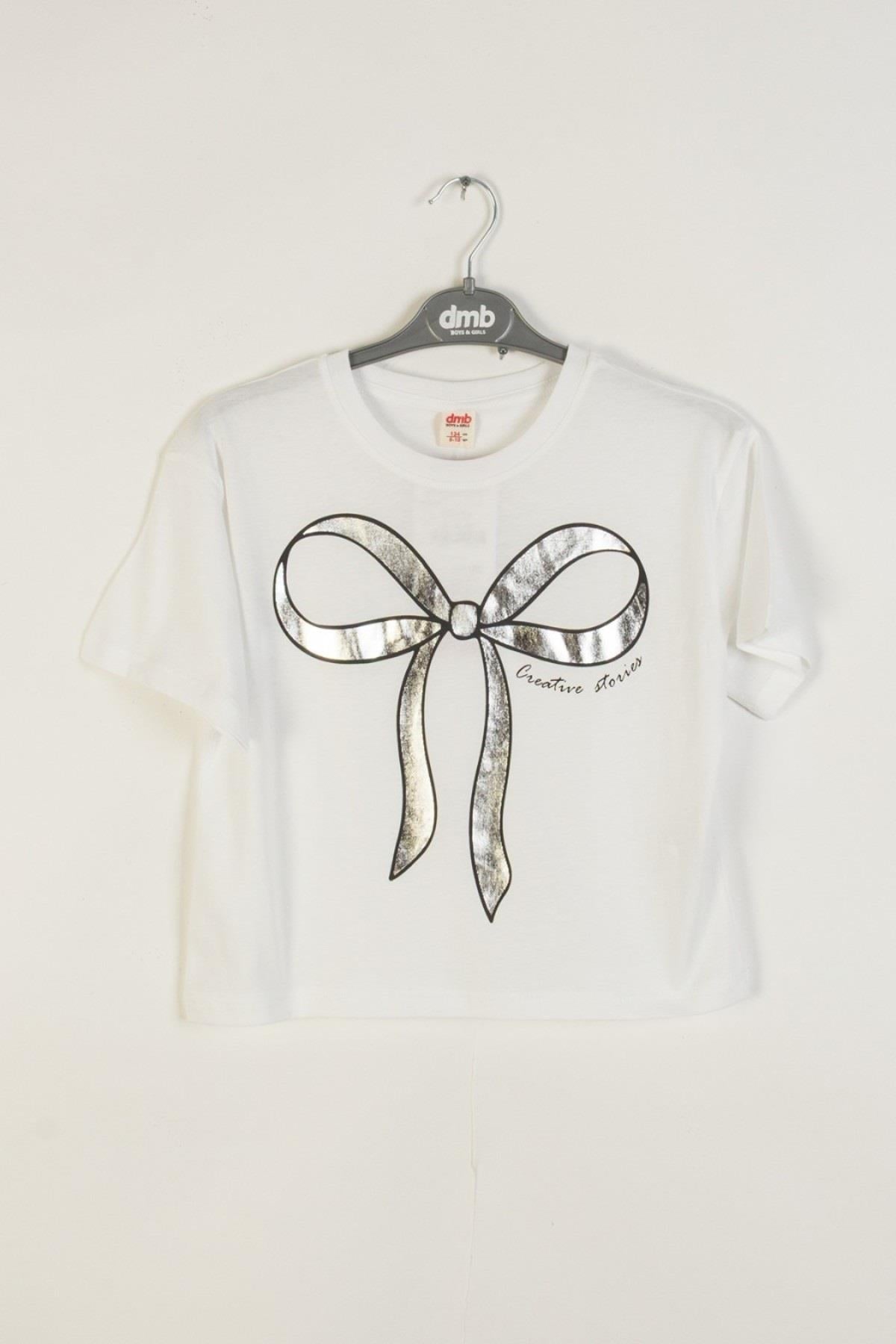 Mojo Kız Çocuk 4-9 Yaş Parlak Fiyonk Baskılı Kısa Kol T-shirt 0670 Beyaz