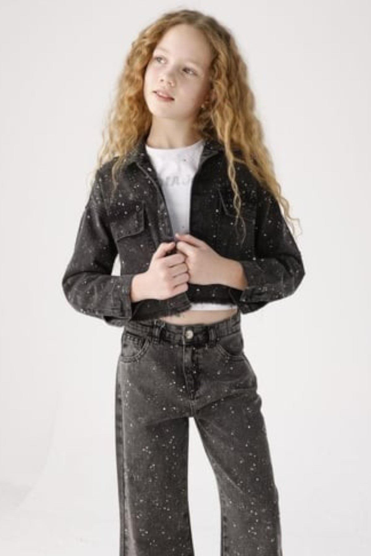 Mojo Kız Çocuk 8-14 Yaş Taşlı Denim Ceket J20035 Siyah