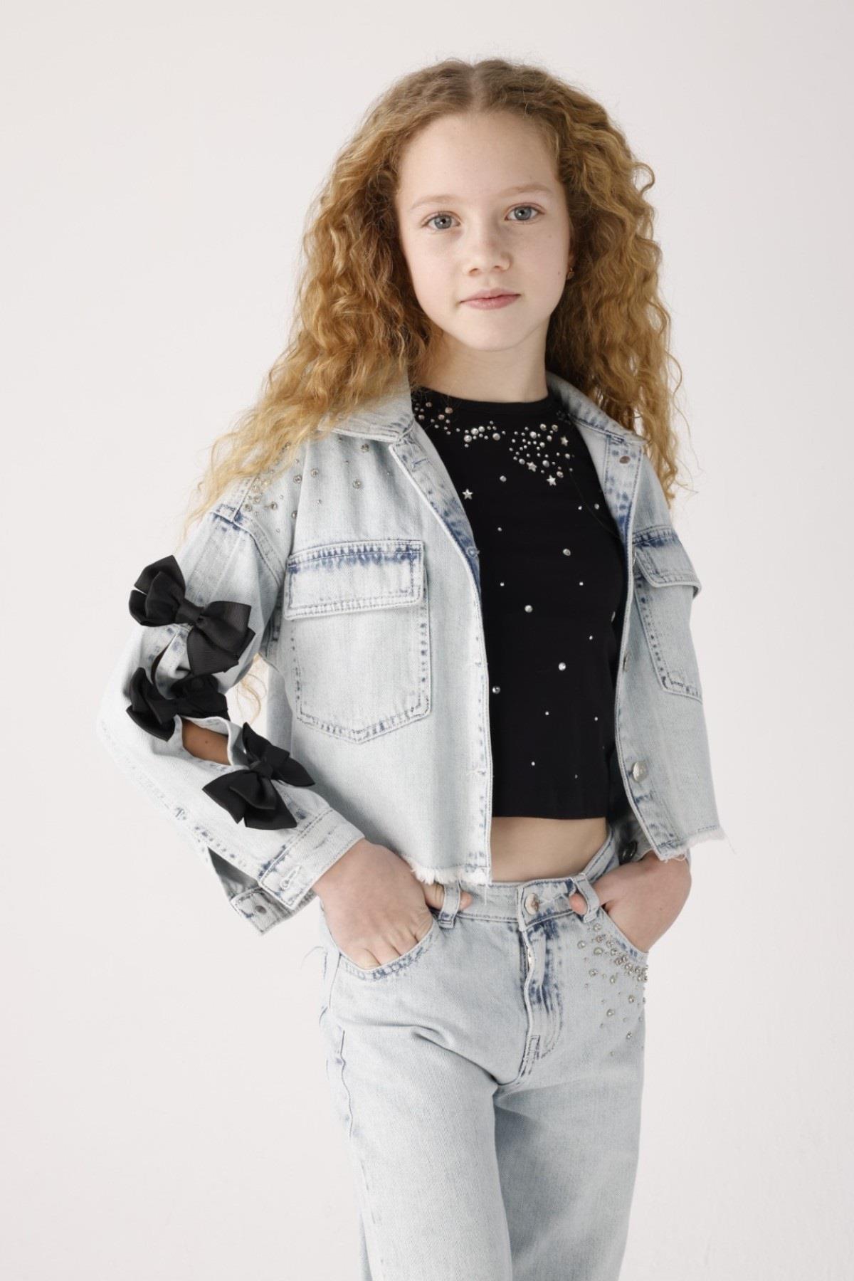 Mojo Kız Çocuk 8-14 Yaş Taşlı Fiyonklu Denim Ceket 20027 Kot Mavi