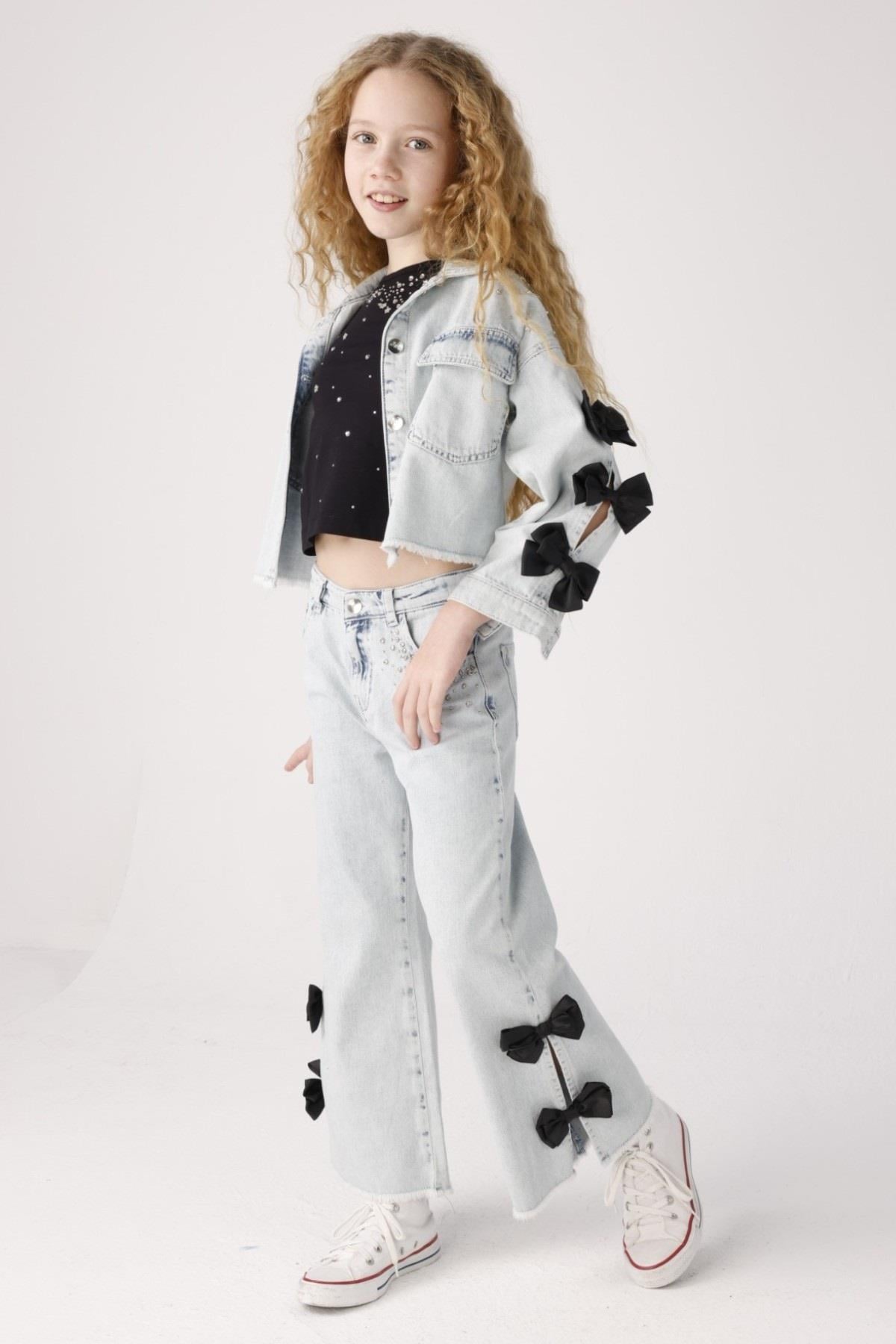 Mojo Kız Çocuk 8-14 Yaş Taşlı Fiyonklu Denim Ceket 20027 Kot Mavi