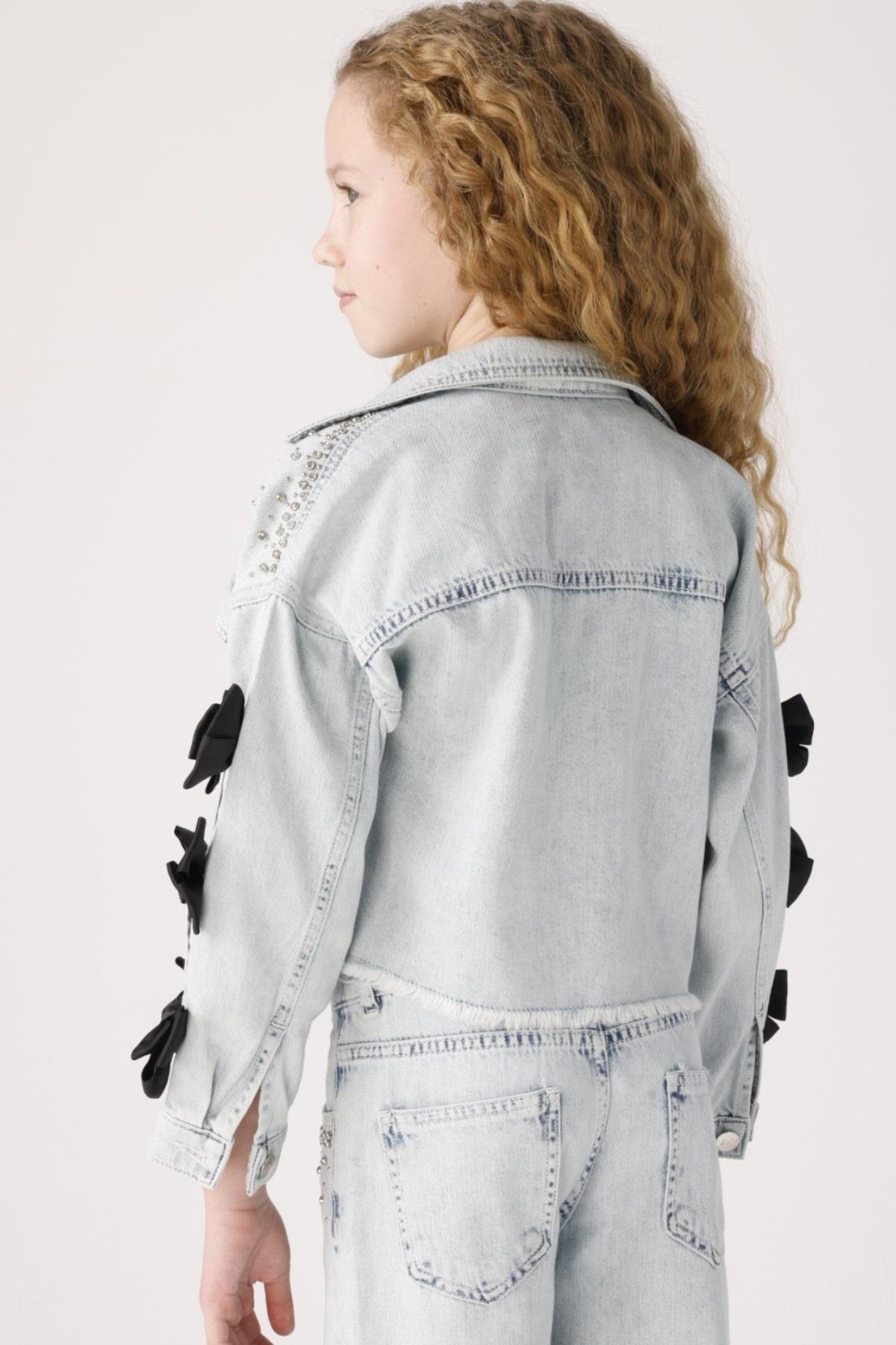 Mojo Kız Çocuk 8-14 Yaş Taşlı Fiyonklu Denim Ceket 20027 Kot Mavi