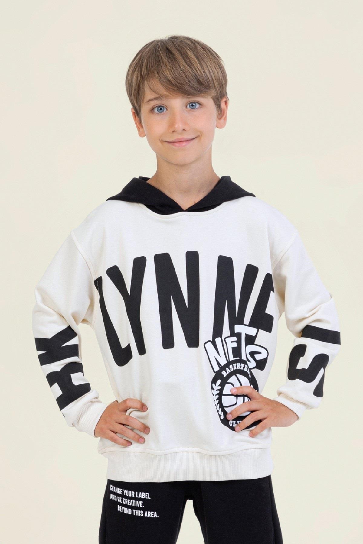 Mojo Kız Çocuk 9-14 Yaş Desenli Kapüşonlu Sweatshirt Krem