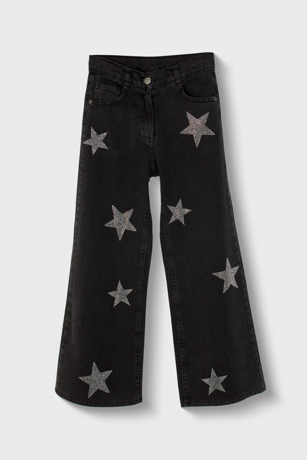 Mojo Kız Çocuk 9-14 Yaş Taşlı Yıldız İşlemeli Palazo Denim Pantolon Füme