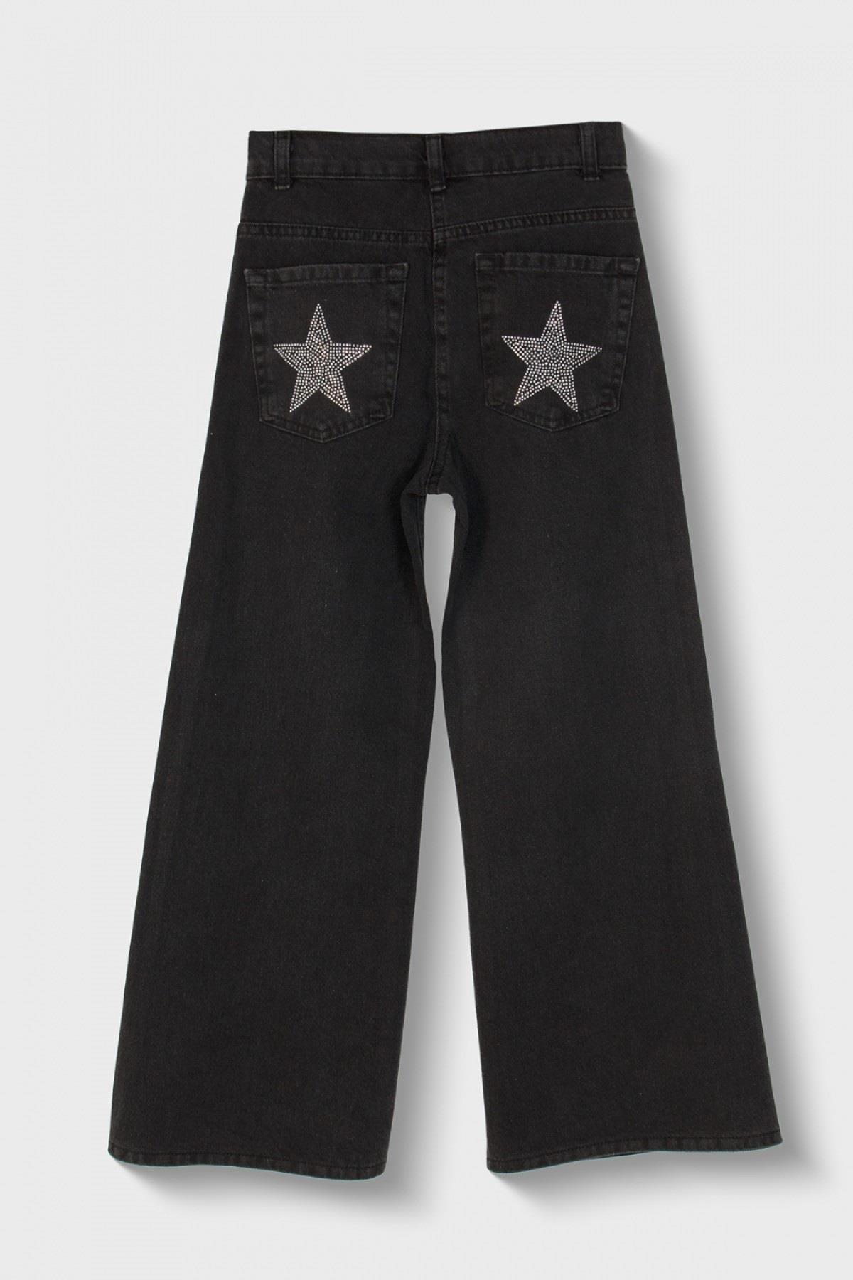 Mojo Kız Çocuk 9-14 Yaş Taşlı Yıldız İşlemeli Palazo Denim Pantolon Füme