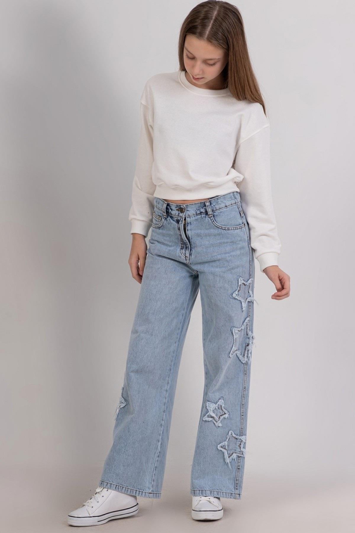 Mojo Kız Çocuk 9-14 Yaş Yıldız Nakışlı Denim  Palazzo Kot Mavi