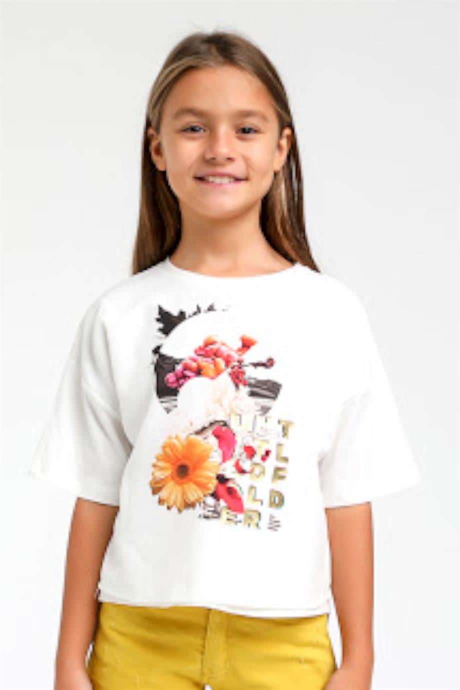 Mojo Kız Çocuk Baskılı Kısa Kol T-shirt 35513 Ekru