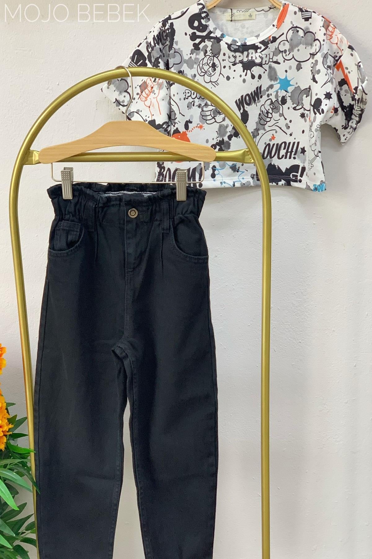 Mojo Kız Çocuk Beli Lastikli Mom Pantolon 2193 Siyah