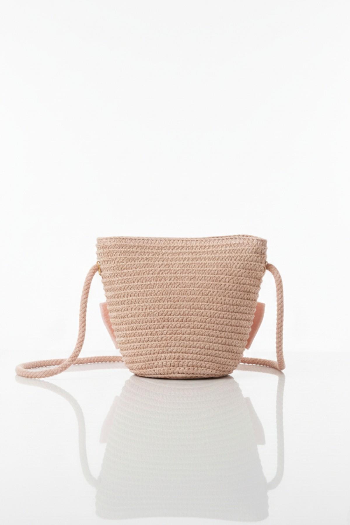 Mojo Kız Çocuk Fiyonk Detaylı Rattan Kumaş Örgülü Hasır Çanta Pembe