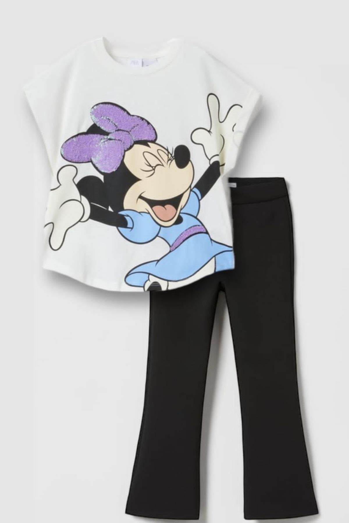 Mojo Kız Çocuk Pullu Minnie Mouse Baskılı T-shirt 10529 Beyaz