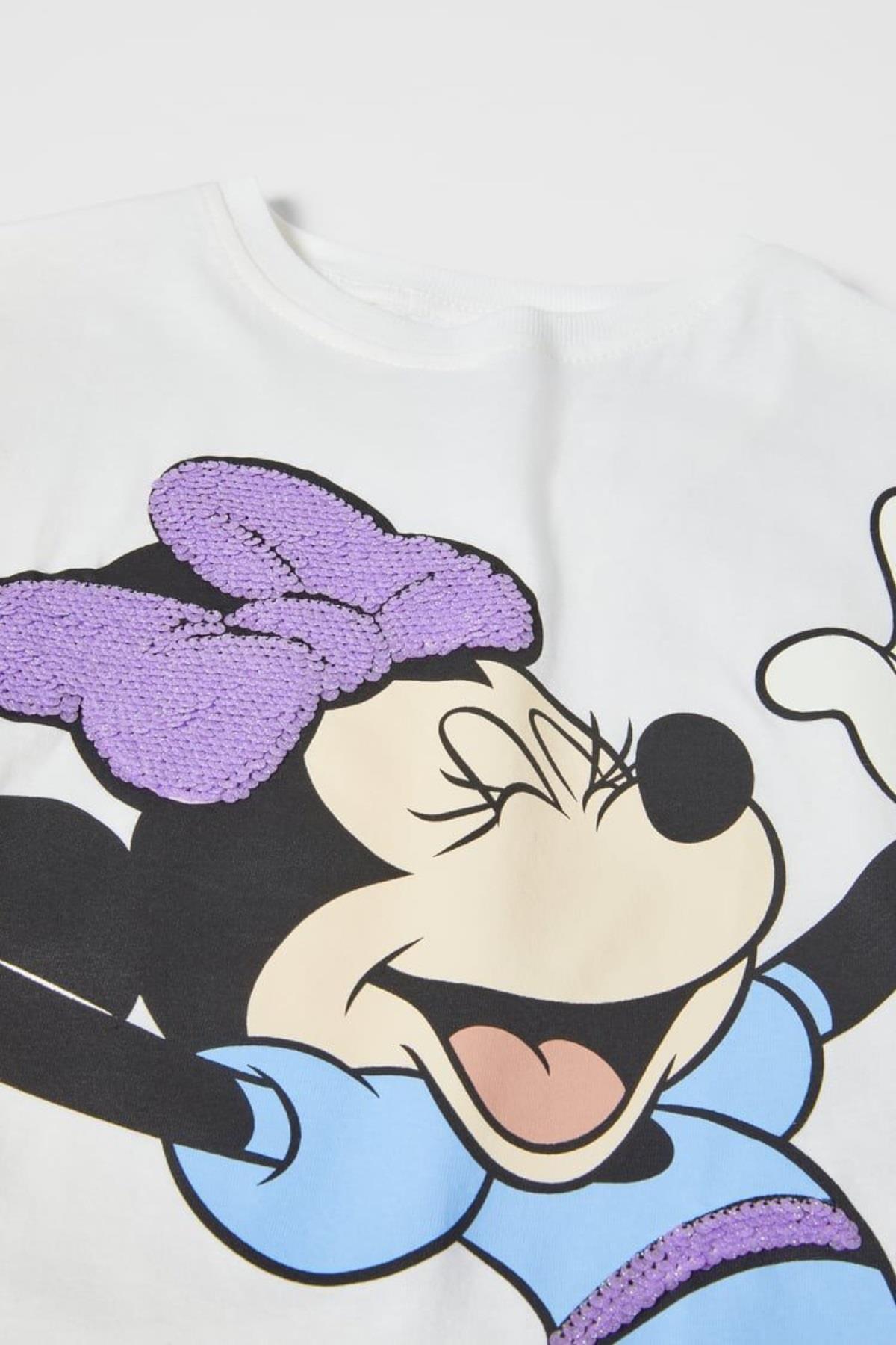 Mojo Kız Çocuk Pullu Minnie Mouse Baskılı T-shirt 10529 Beyaz