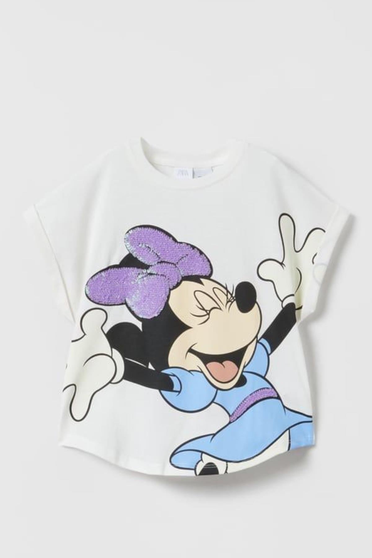 Mojo Kız Çocuk Pullu Minnie Mouse Baskılı T-shirt 10529 Beyaz