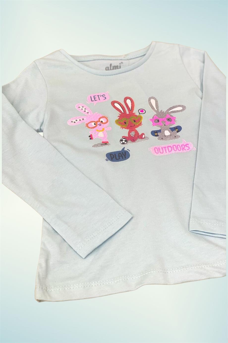 Mojo Kız Çocuk Tavşan Desen Uzun Kol T-shirt 523003 Turkuaz