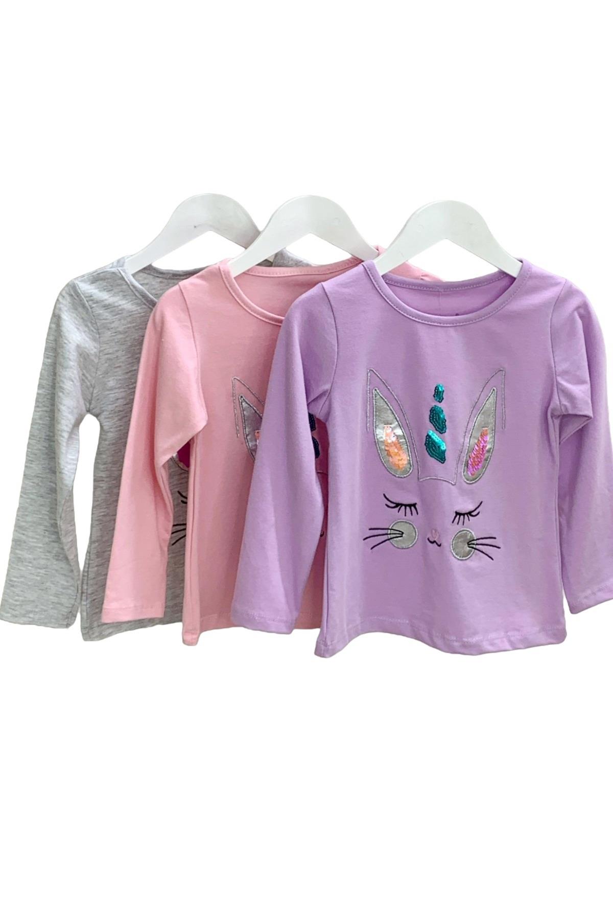 Mojo Kız Çocuk Tavşan Nakışlı Uzun Kol T-shirt 523408 Gri