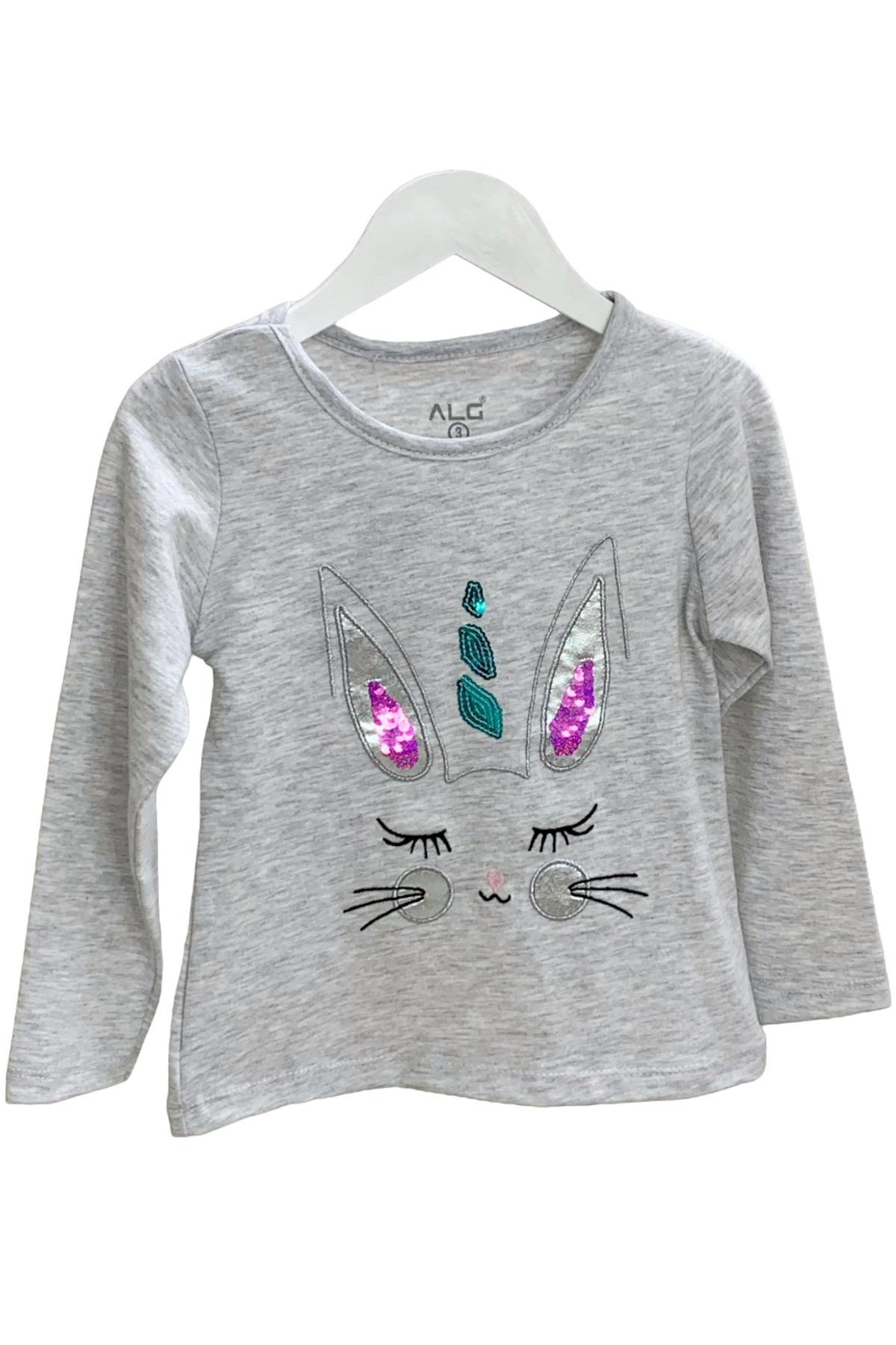 Mojo Kız Çocuk Tavşan Nakışlı Uzun Kol T-shirt 523408 Gri