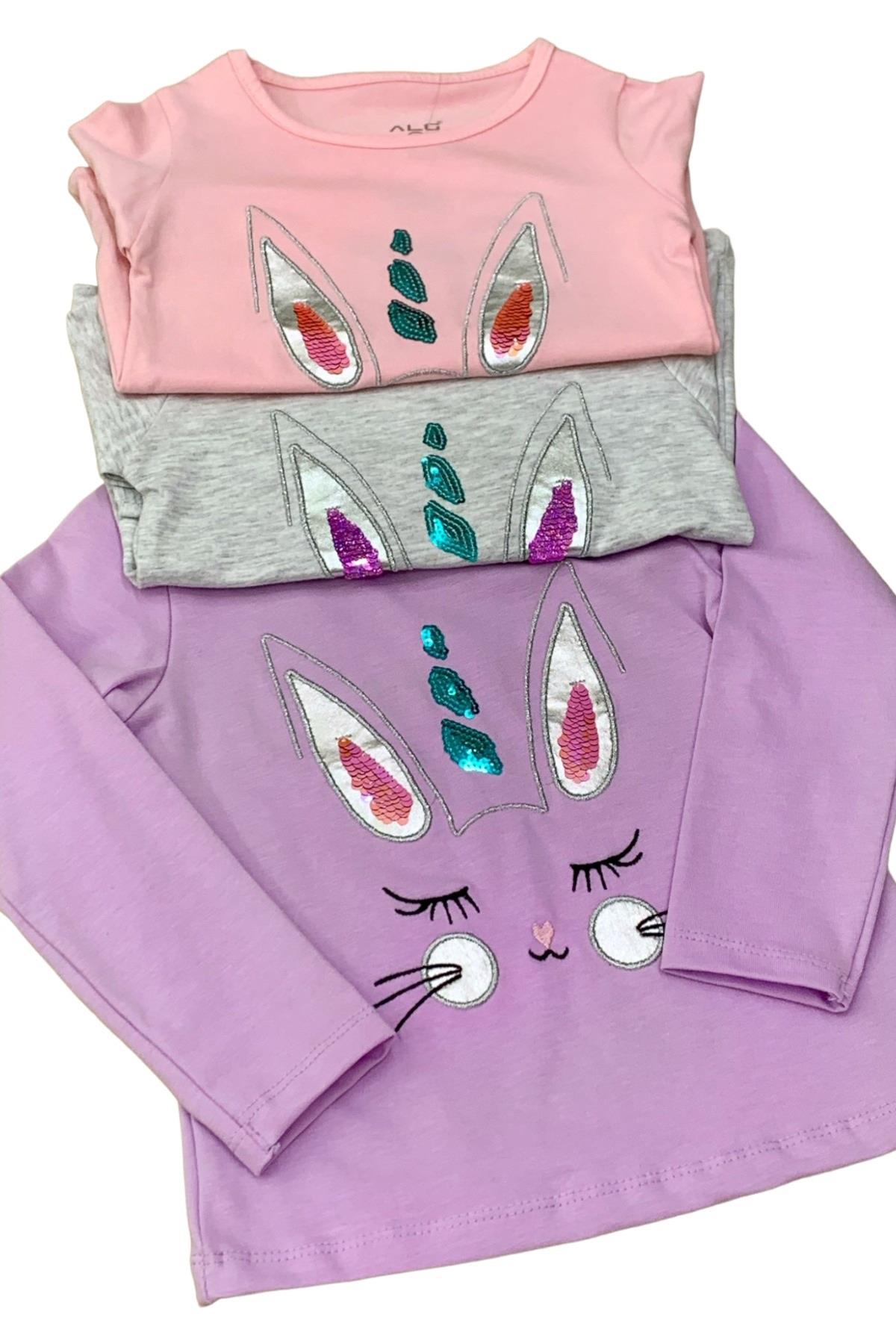 Mojo Kız Çocuk Tavşan Nakışlı Uzun Kol T-shirt 523408 Gri