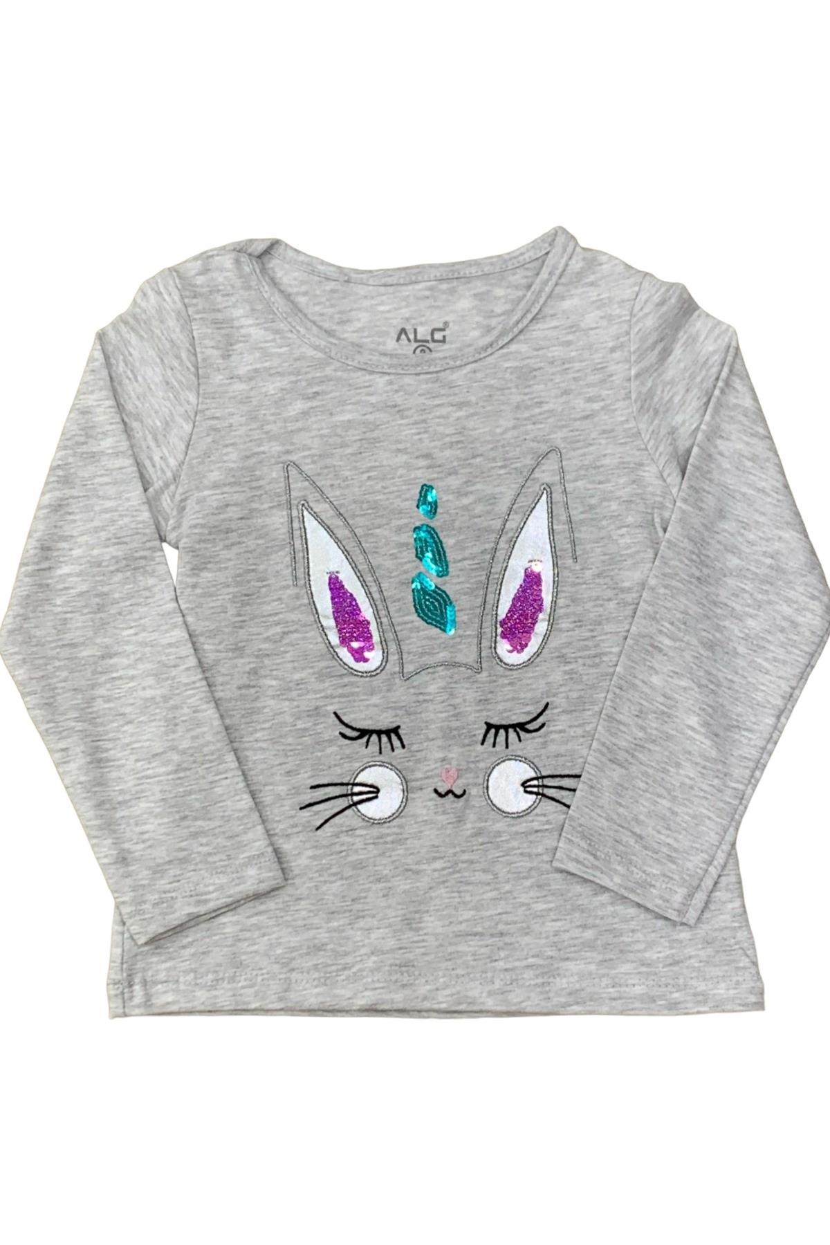 Mojo Kız Çocuk Tavşan Nakışlı Uzun Kol T-shirt 523408 Gri