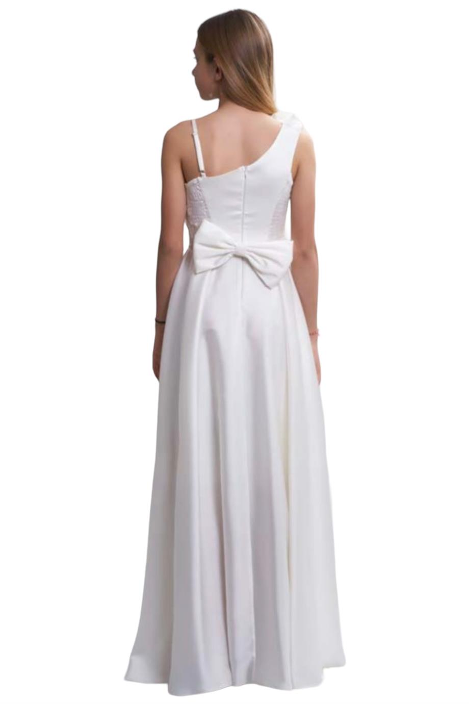 Mojo Kız Çocuk Tek Omuz Çiçekli Saten Abiye Elbise 5714 Krem