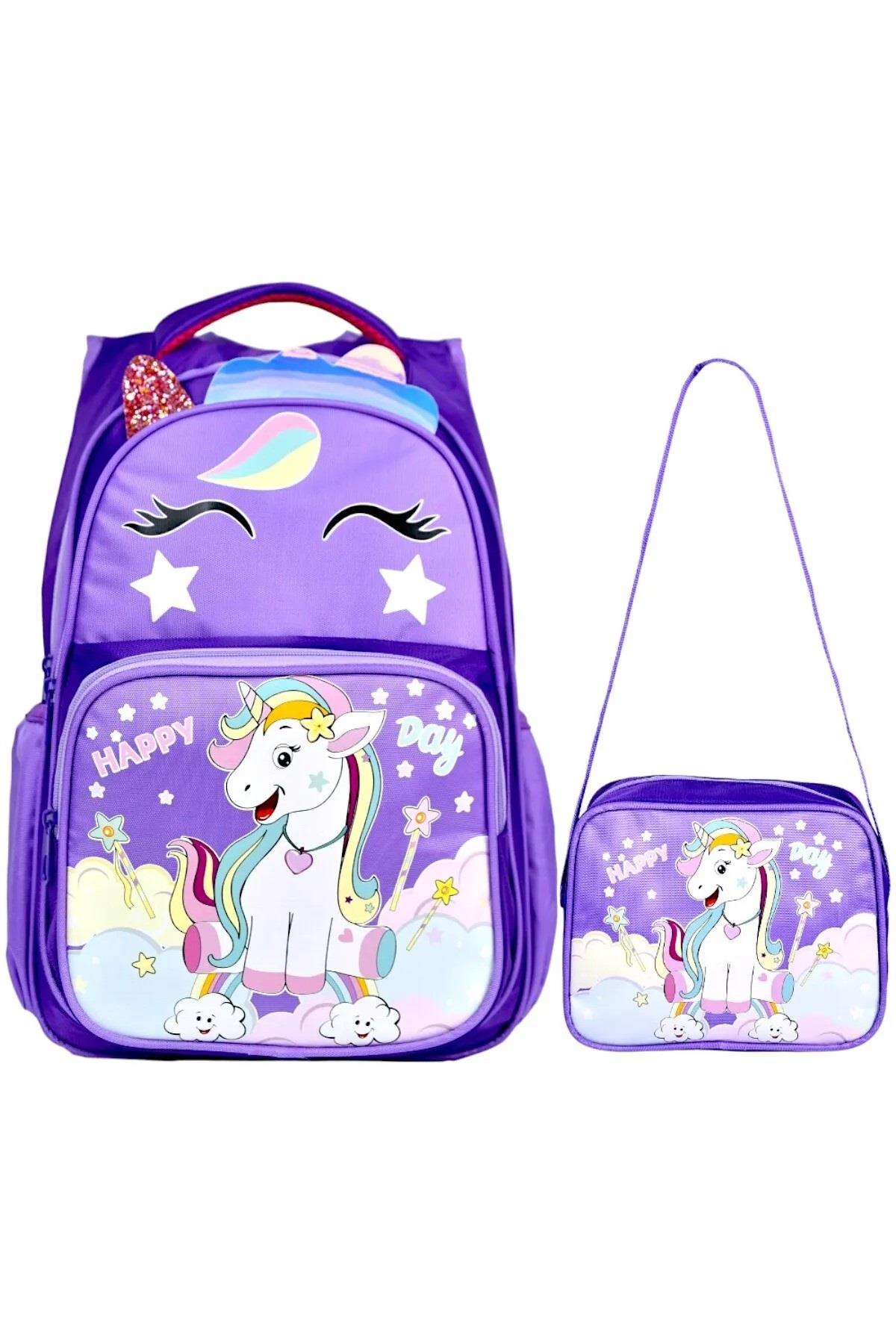 Mojo Kız Çocuk Unicorn Desenli Su Geçirmez Sırt Çanta Seti 2516 Lila