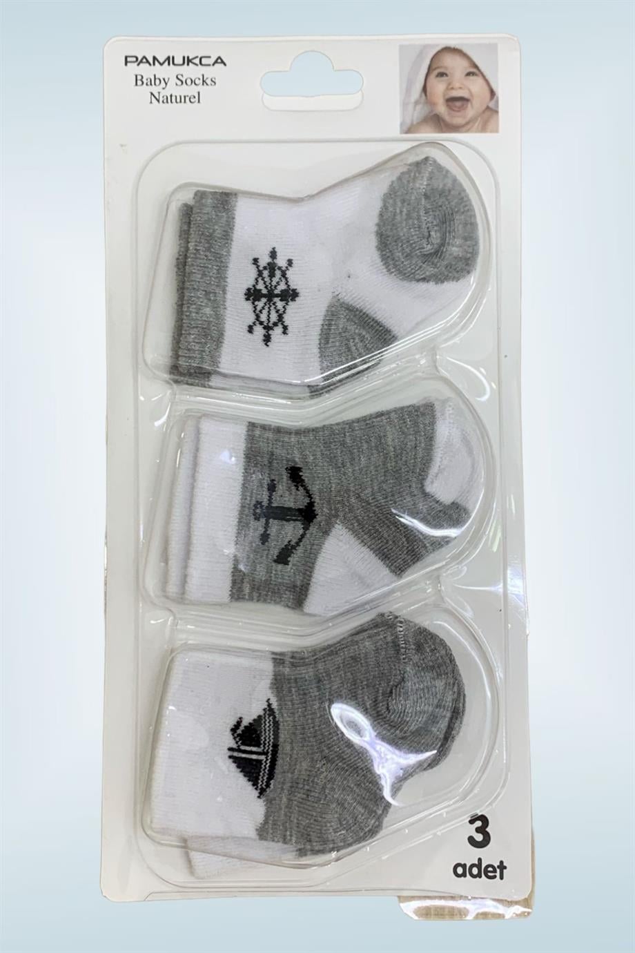 Mojo Unisex Bebek Yenidoğan 3lü Çorap 4511 Gri-Beyaz