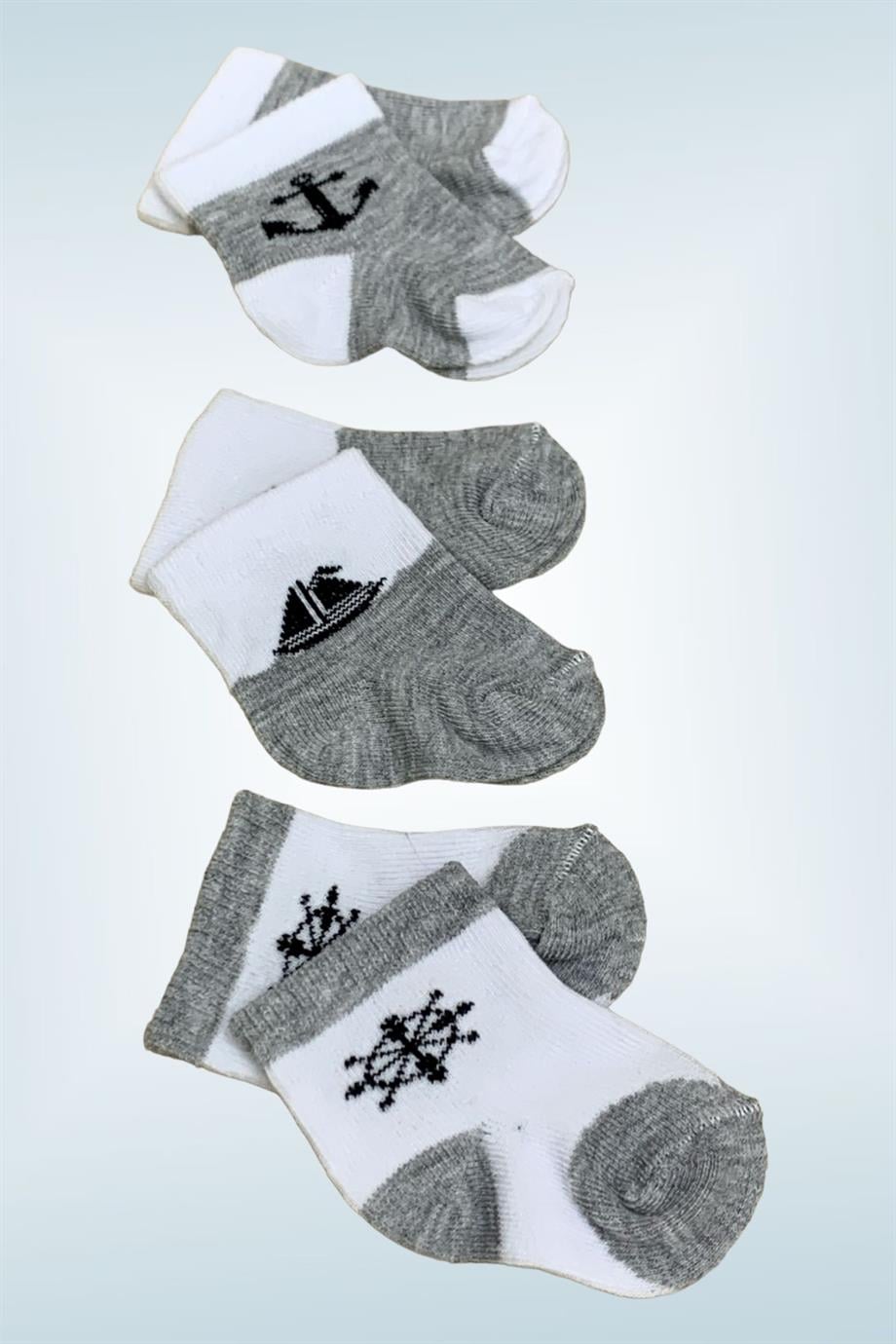 Mojo Unisex Bebek Yenidoğan 3lü Çorap 4511 Gri-Beyaz