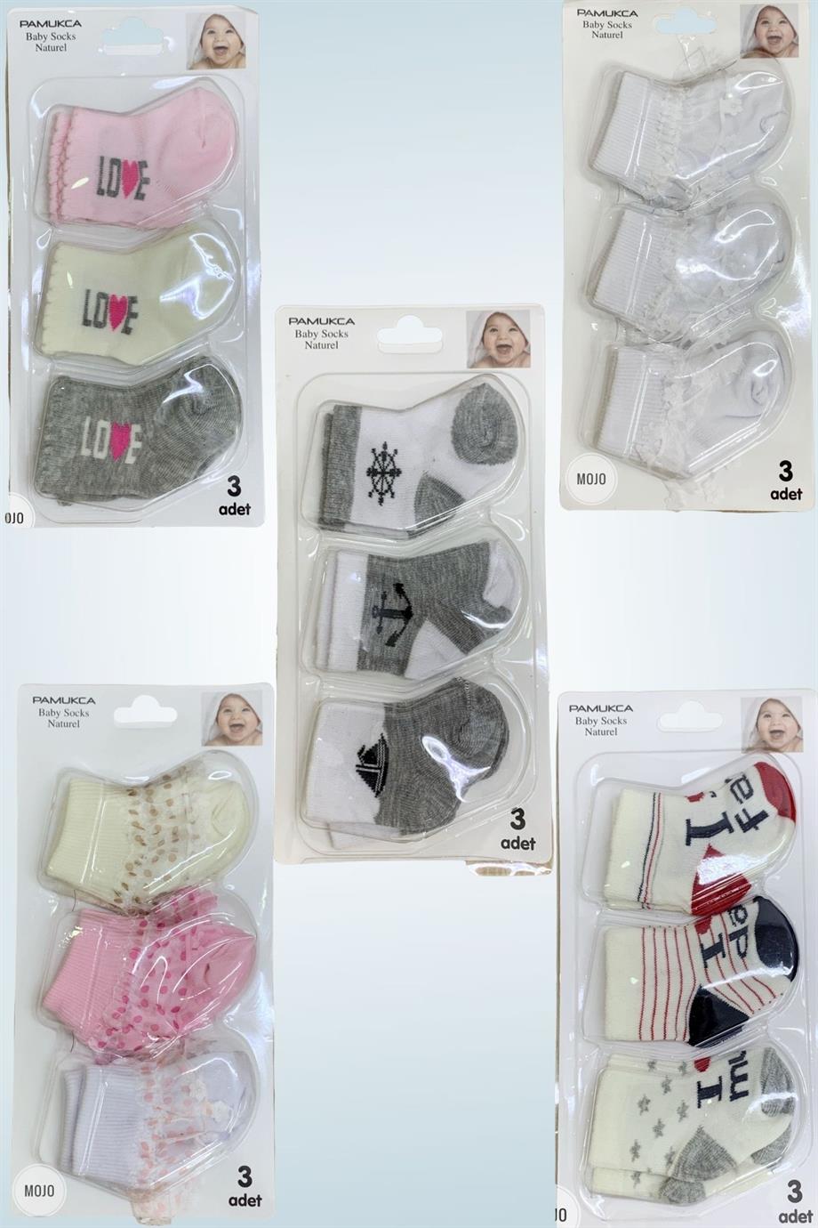 Mojo Unisex Bebek Yenidoğan 3lü Çorap 4511 Gri-Beyaz