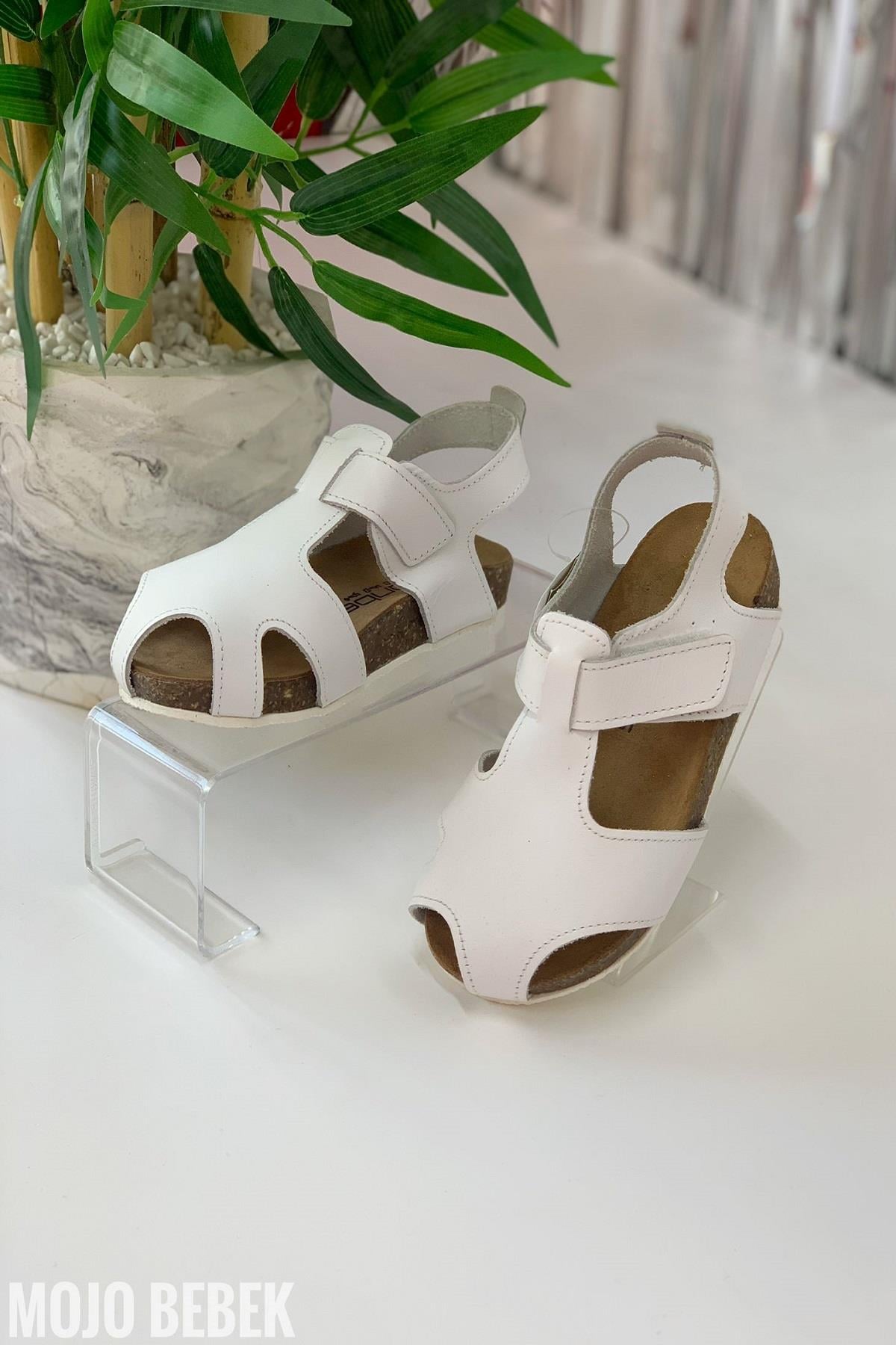 Mojo Unisex Çocuk Anatomik Mantar Taban Deri Sandalet Beyaz
