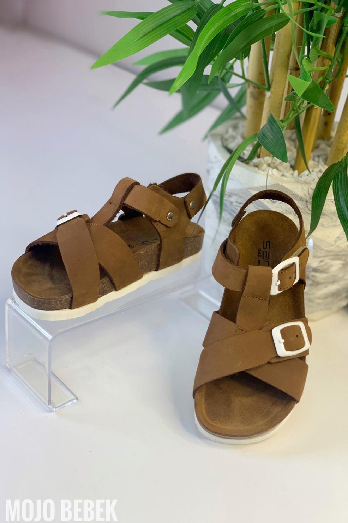 Mojo Unisex Çocuk Anotomik Mantar Taban Hakiki Deri Sandalet Kahverengi