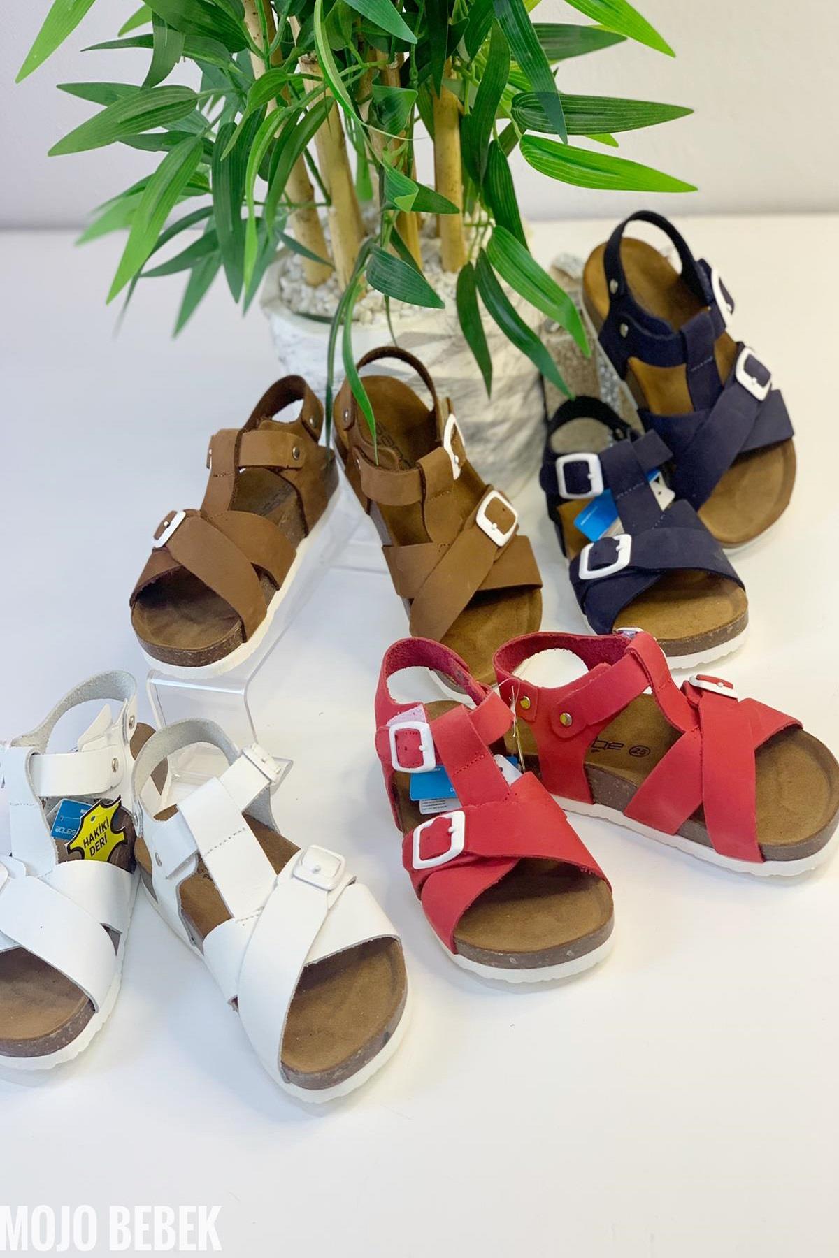 Mojo Unisex Çocuk Anotomik Mantar Taban Hakiki Deri Sandalet Kırmızı