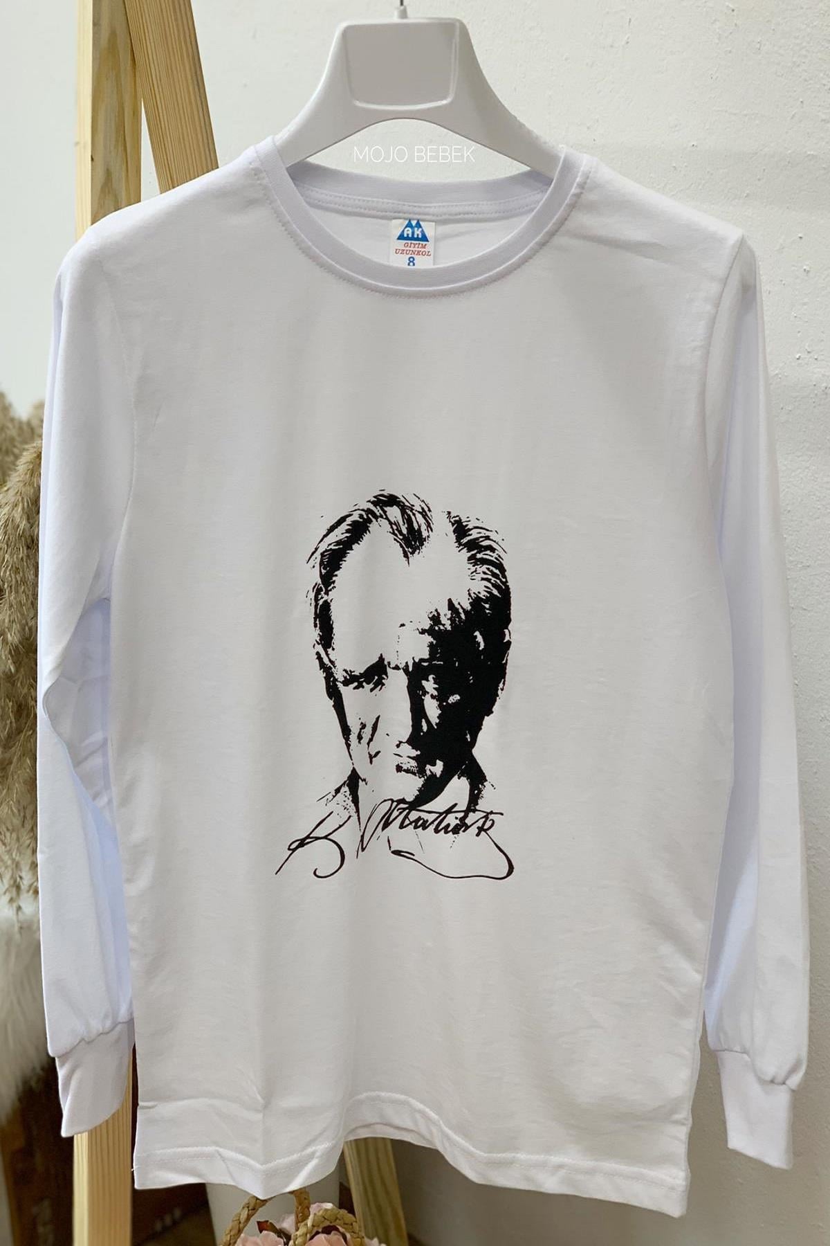 Mojo Unisex Çocuk Atatürk Baskılı Kol Manşetli T-shirt 290401 Beyaz