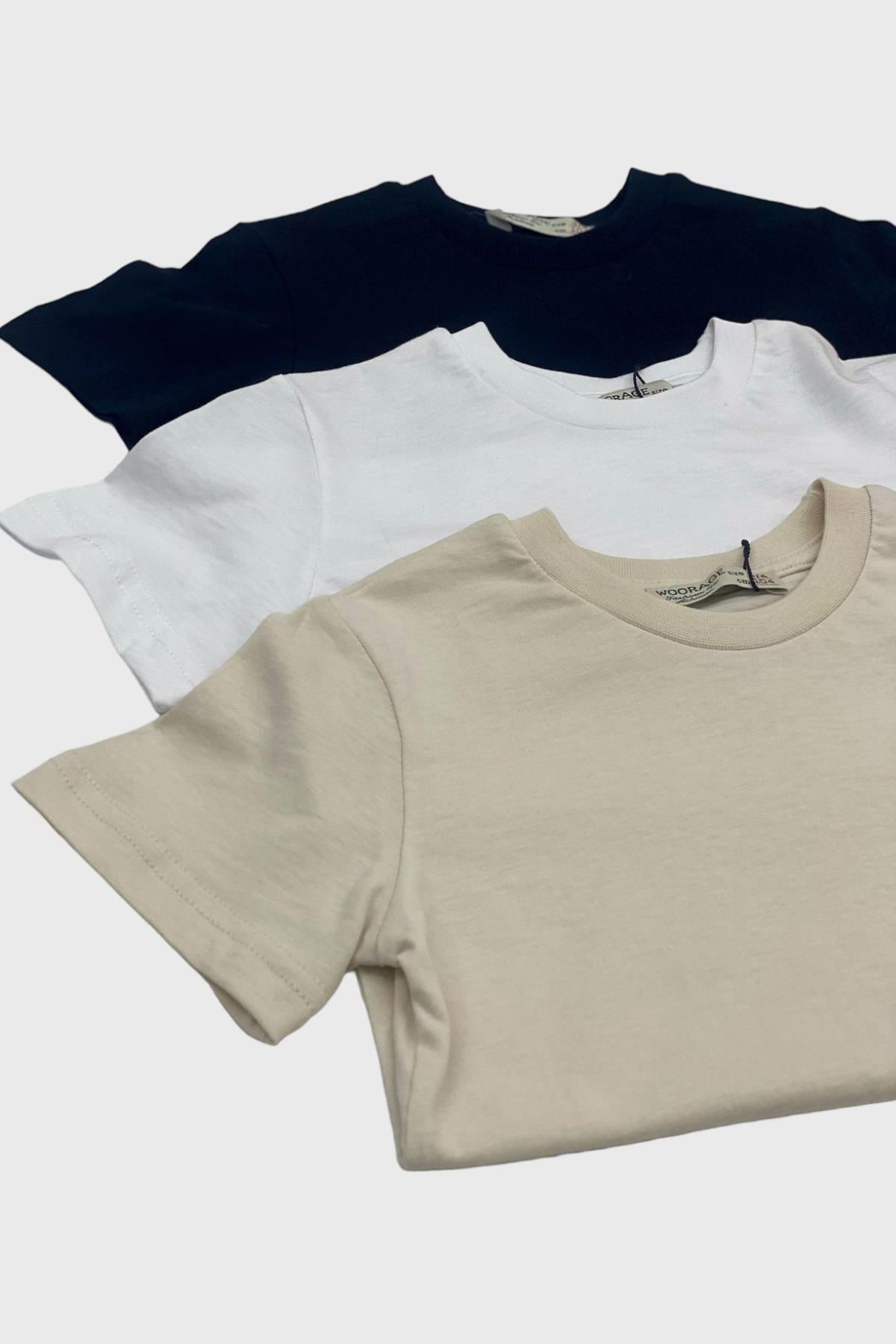 Woorage Unisex Çocuk 1-14 Yaş Basic Kısa Kol T-Shirt Krem