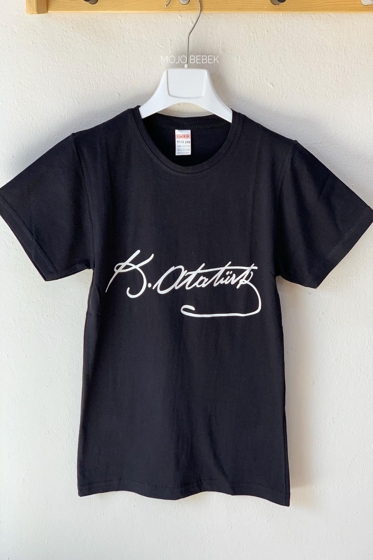 Mojo Unisex Garson Çocuk Atatürk İmza Baskılı Kısa Kol T-shirt 9944 Siyah