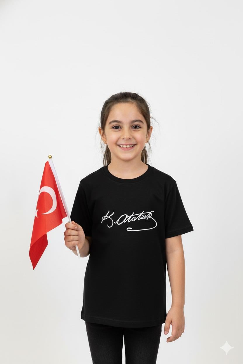 Mojo Unisex Garson Çocuk Atatürk İmza Baskılı Kısa Kol T-shirt 9944 Siyah