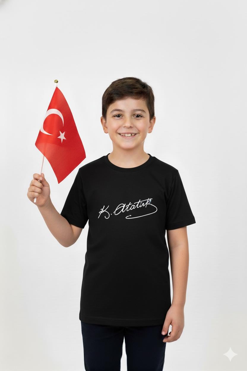 Mojo Unisex Garson Çocuk Atatürk İmza Baskılı Kısa Kol T-shirt 9944 Siyah