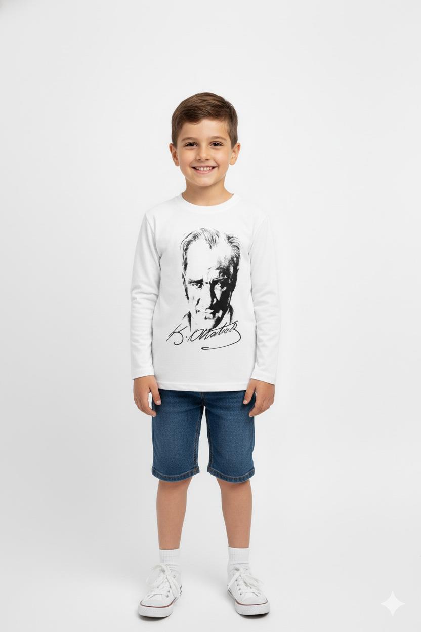 Mojo Unisex S, M, L, XL Atatürk Baskılı Uzun Kol T-shirt 021120 Beyaz