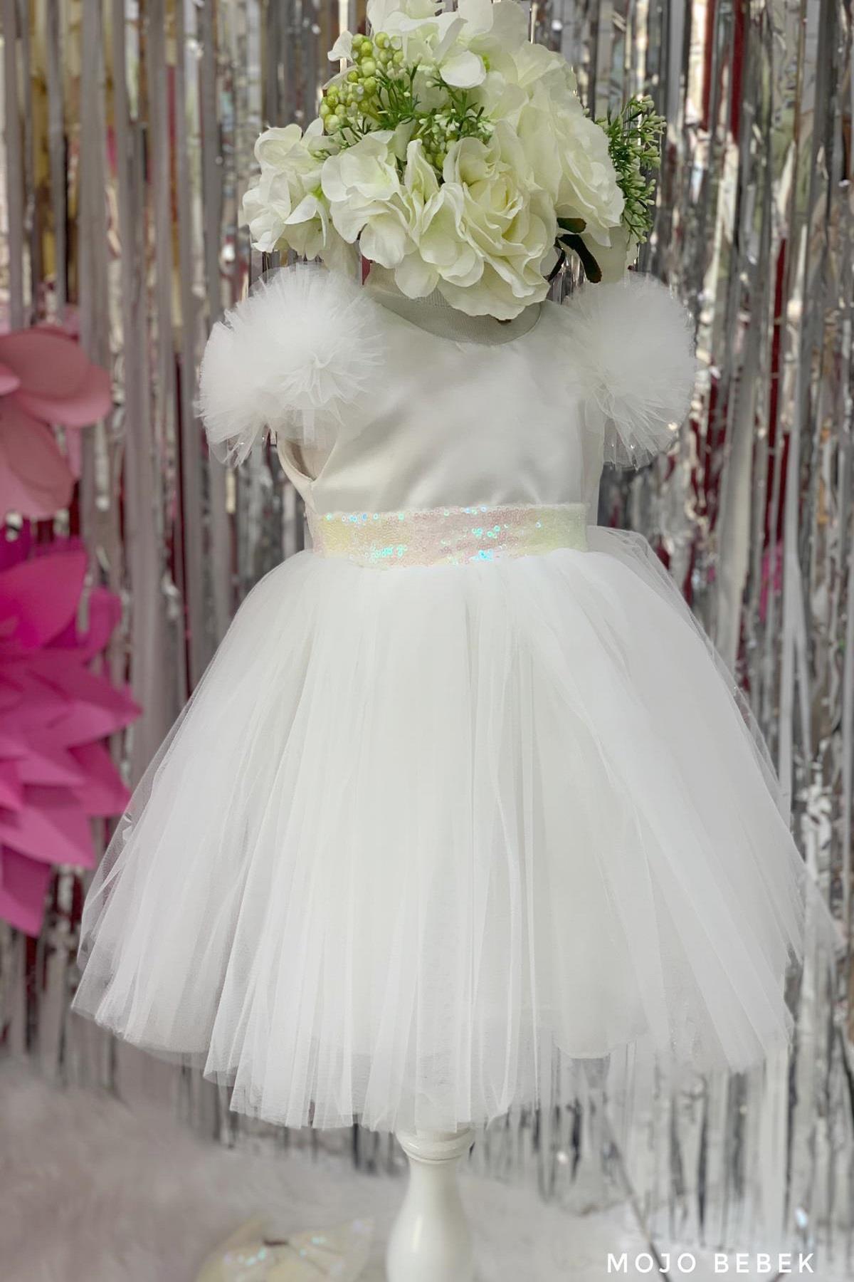Monita Kids Kız Çocuk Pullu Abiye Elbise 2434 Beyaz