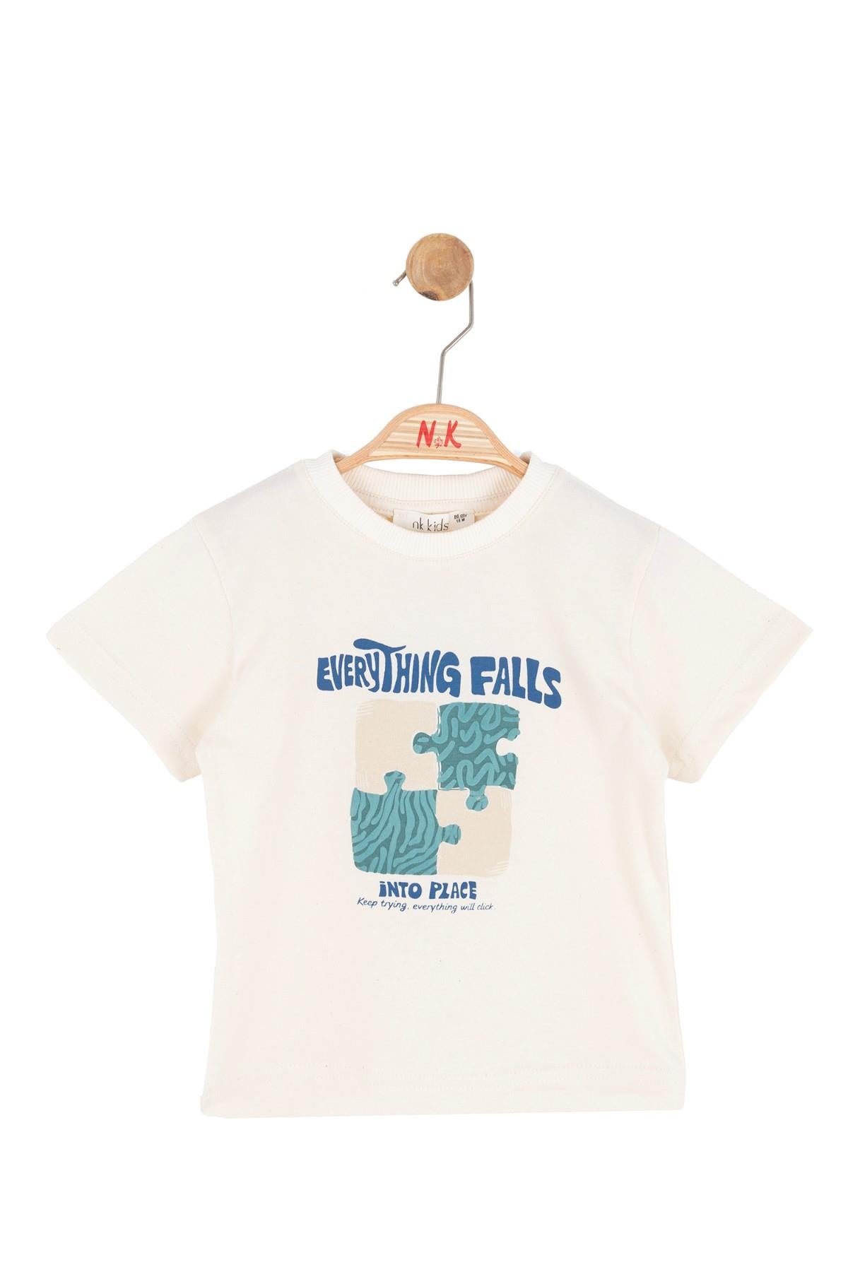 Nk Kids Erkek Bebek 1-4 Yaş Puzzle Desenli Kısa Kol T-Shirt Krem