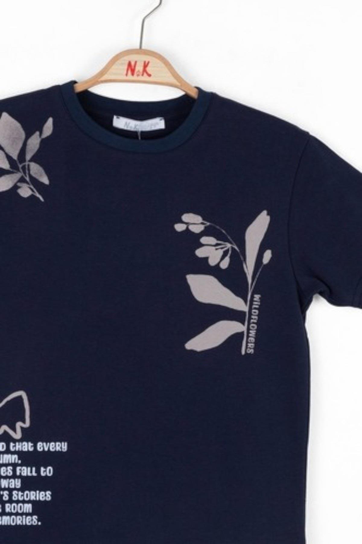Nk Kids Erkek Çocuk 4-8 Yaş Yaprak Desenli T-shirt 48501 Lacivert