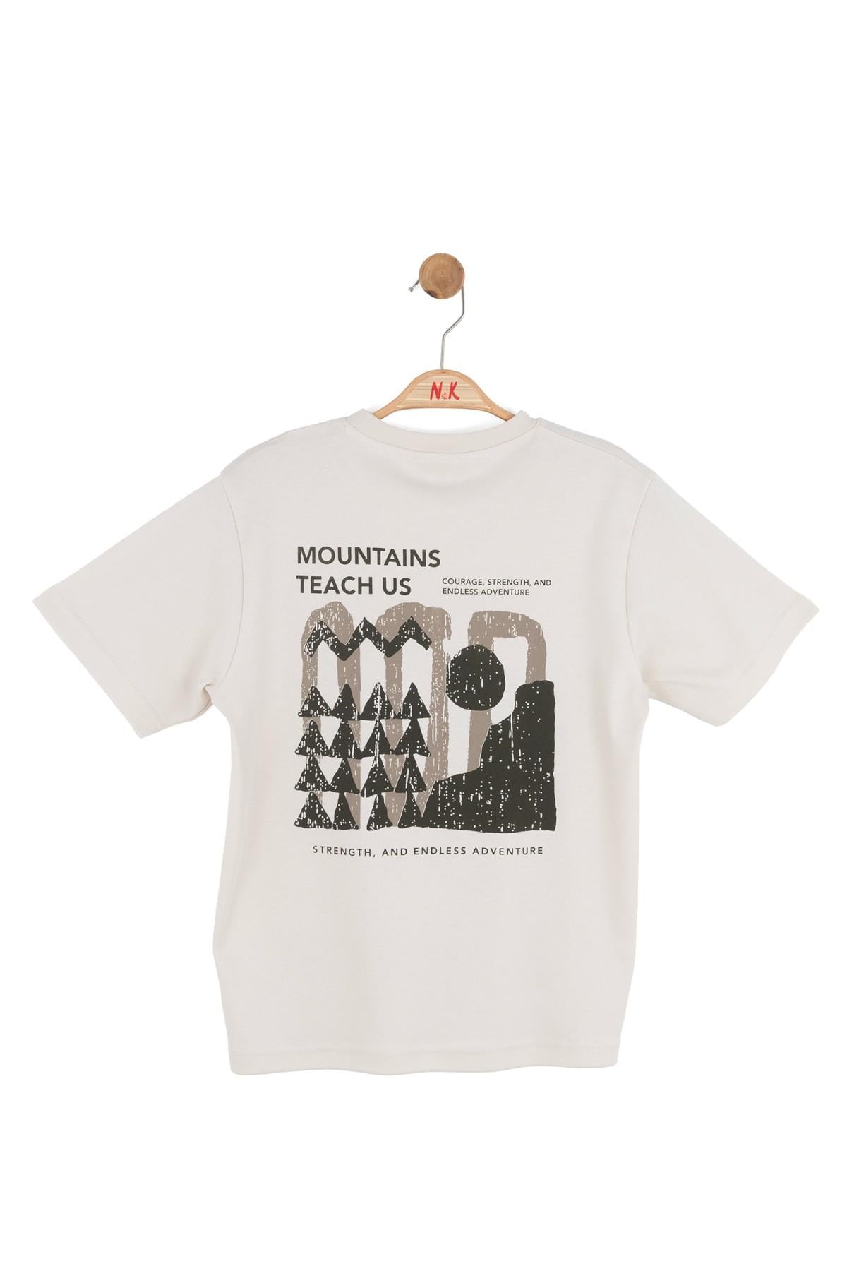 Nk Kids Erkek Çocuk 8-14 Yaş Dağ Desenli Kısa Kol T-Shirt Krem