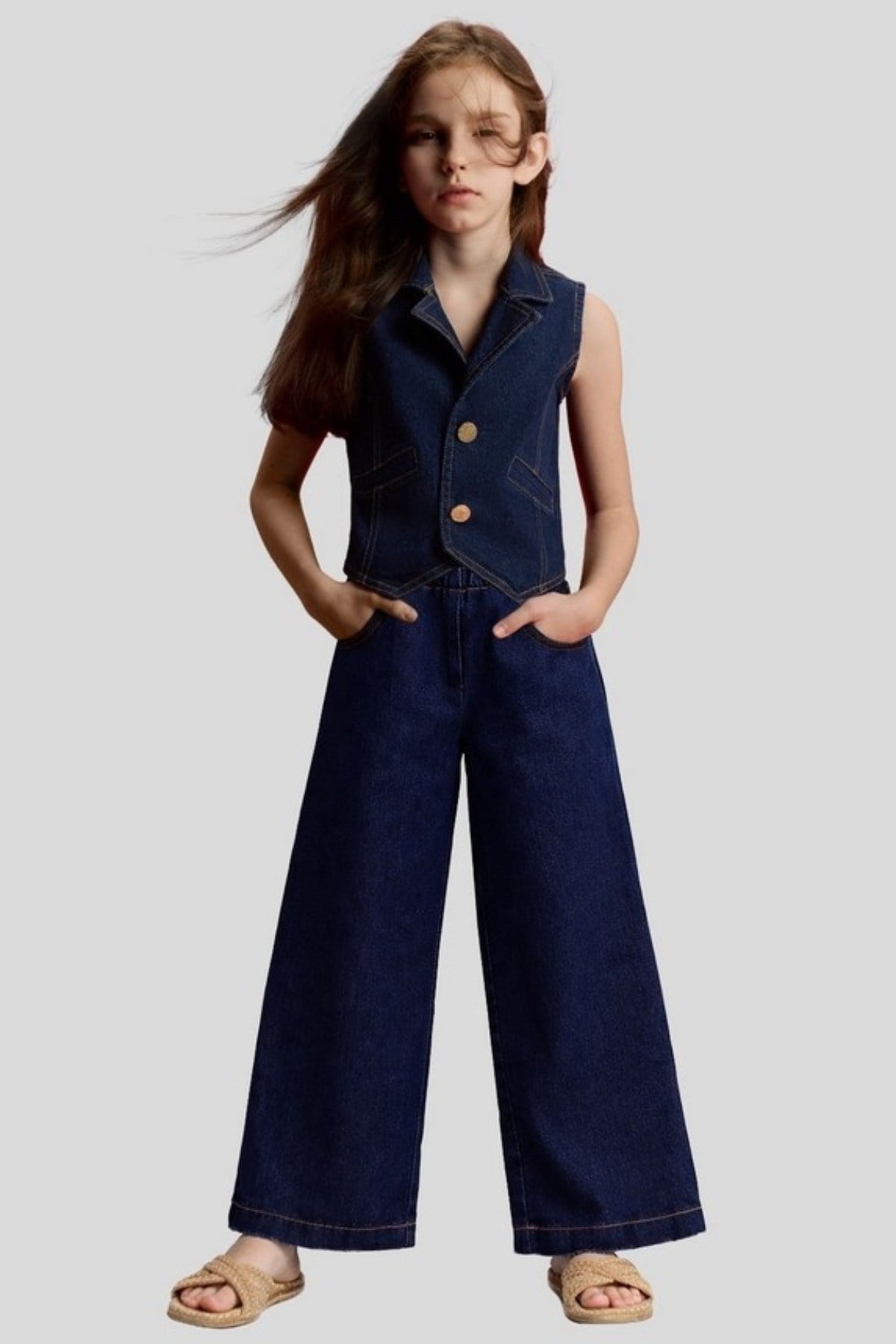 Nk Kids Kız 8-14 Yaş Gold Düğmeli Denim Yelek Lacivert