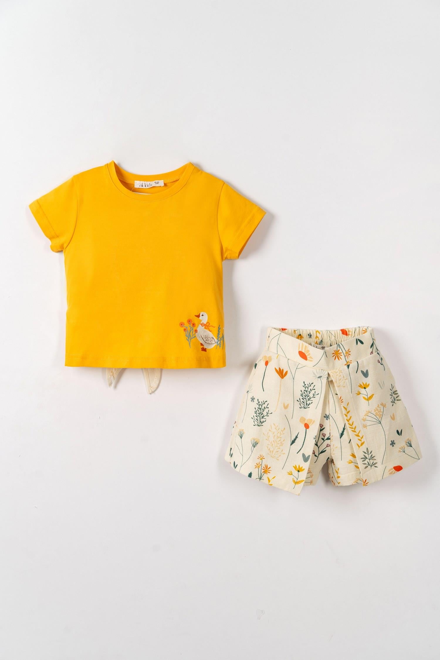 Nk Kids Kız Bebek 1-4 Yaş Çiçek Desenli Kapaklı Keten Şort Krem