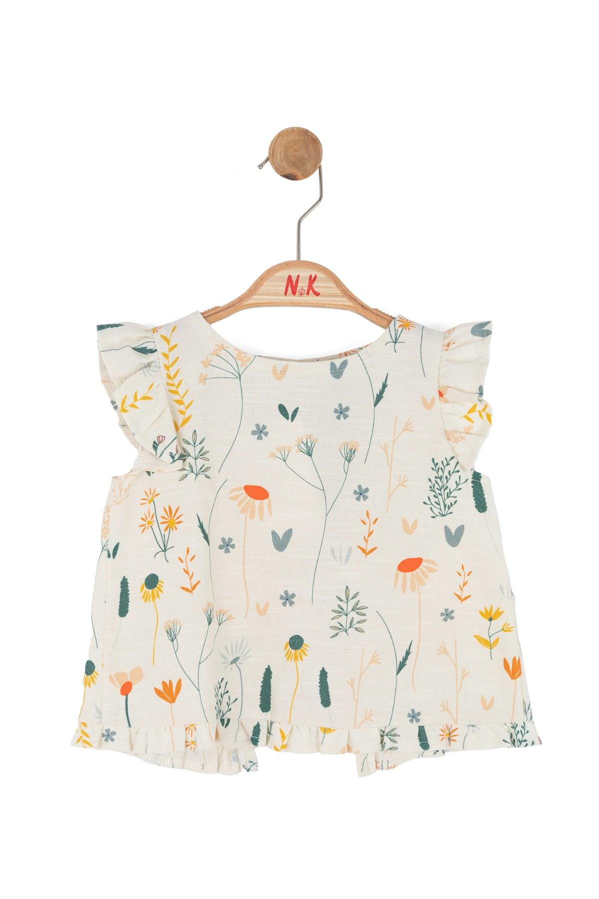 Nk Kids Kız Bebek 1-4 Yaş Çiçek Desenli Keten Bluz Krem