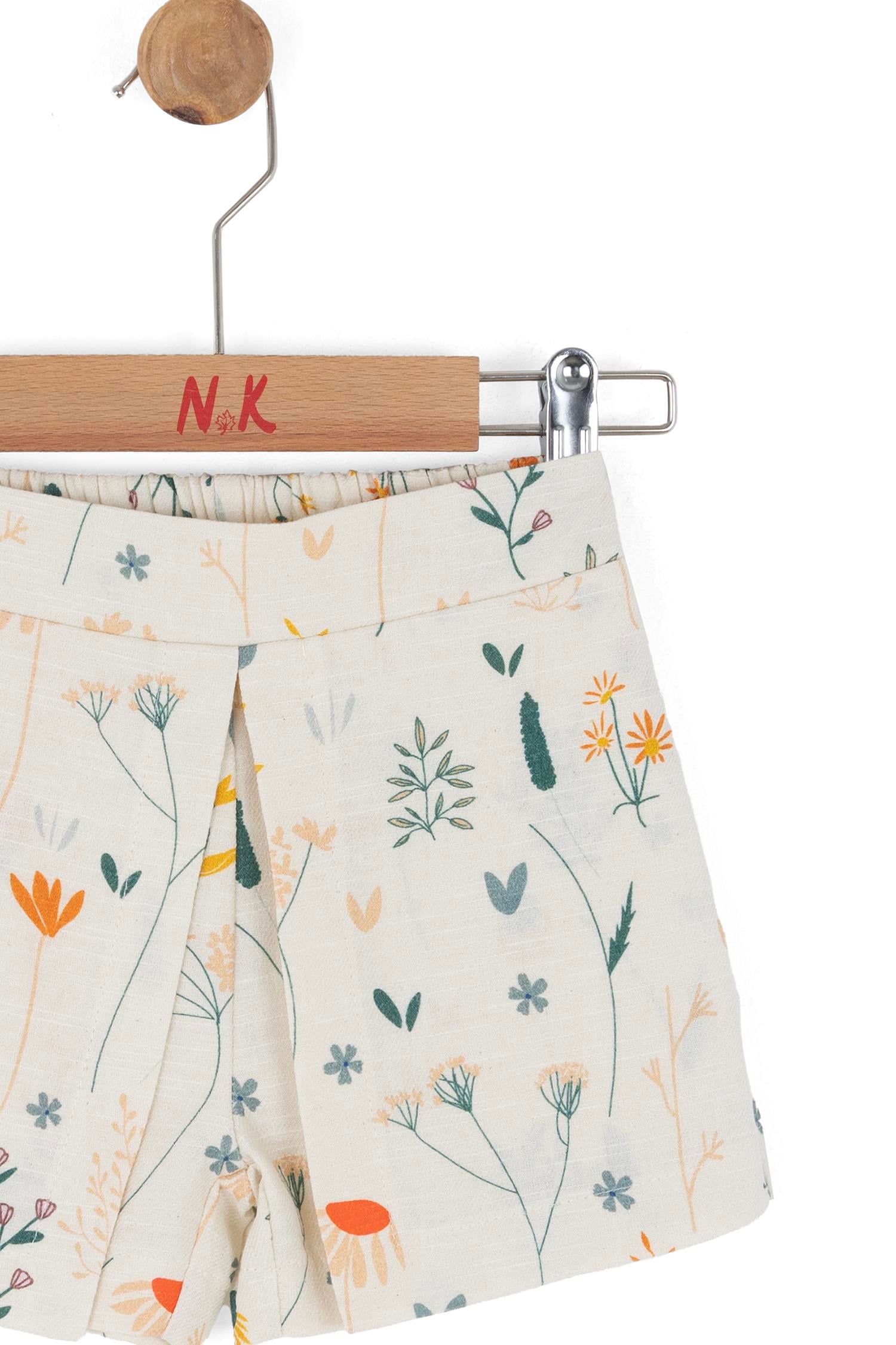 Nk Kids Kız Bebek 1-4 Yaş Çiçek Desenli Kapaklı Keten Şort Krem