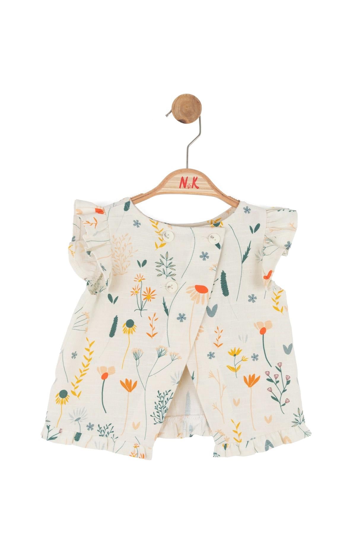 Nk Kids Kız Bebek 1-4 Yaş Çiçek Desenli Keten Bluz Krem