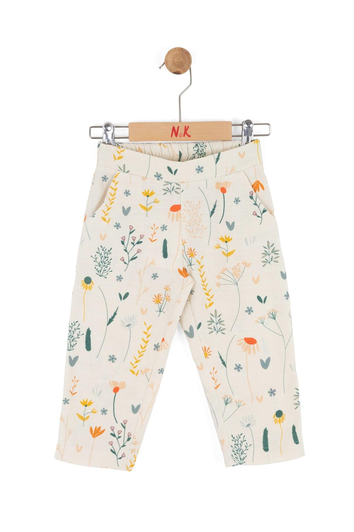 Nk Kids Kız Bebek 1-4 Yaş Çiçek Desenli Keten Pantolon Krem