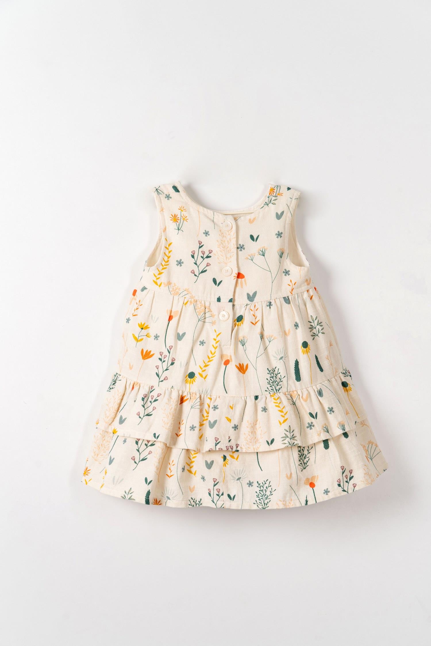 Nk Kids Kız Bebek 1-4 Yaş Çiçek Desenli  Fırfırlı Keten Elbise Krem